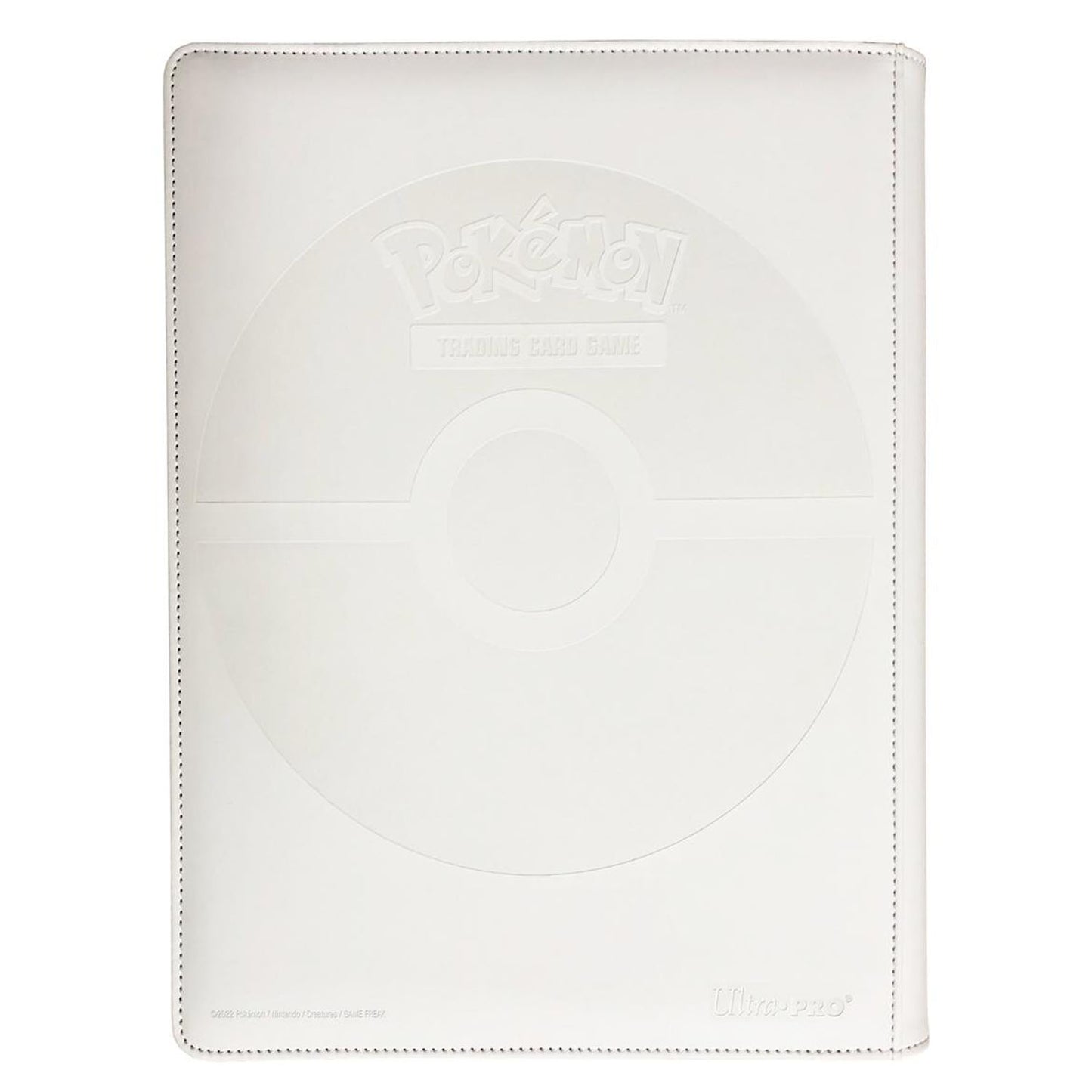 Back of white card folio with Pokemon logo and Poke Ball design