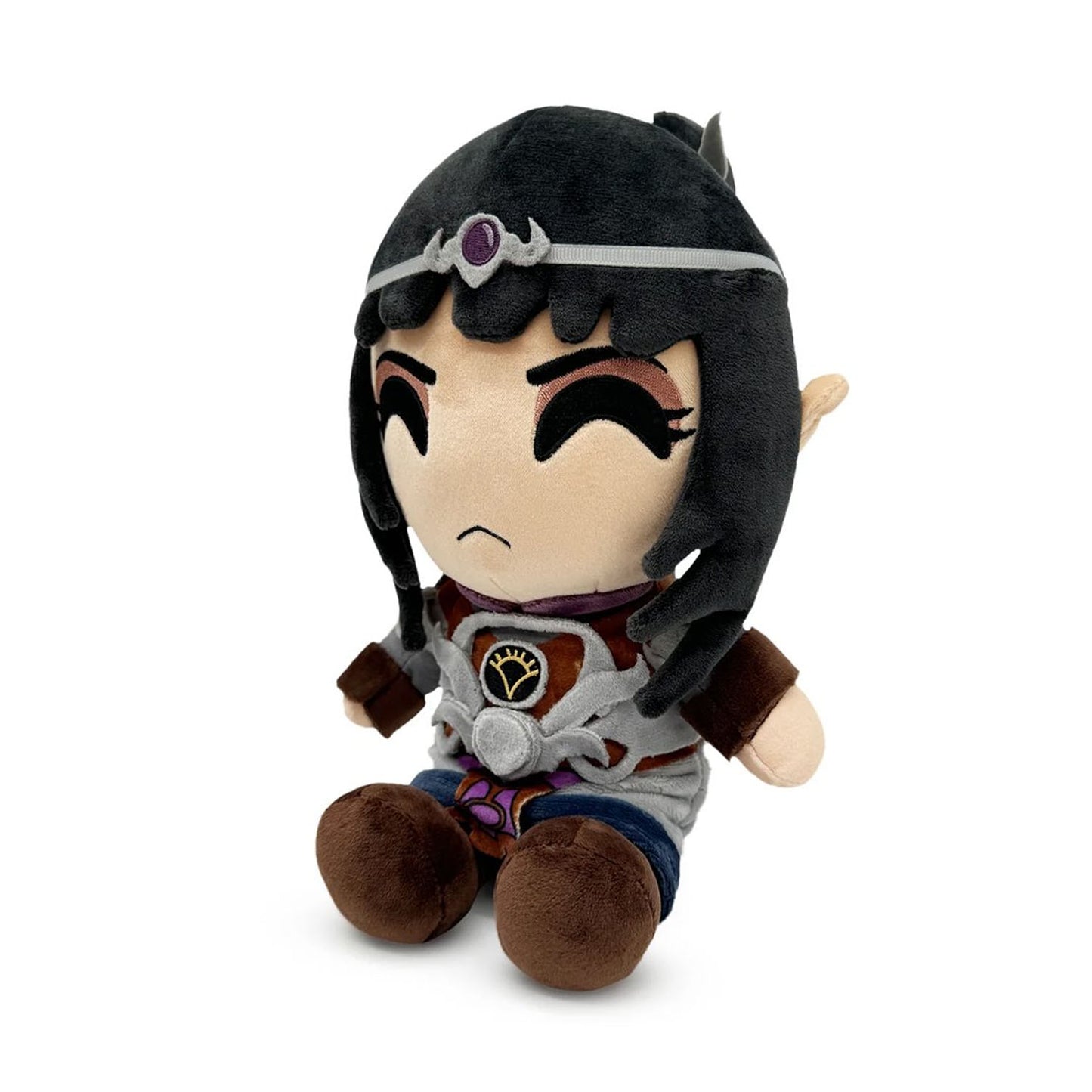 Side view of plush toy of Shadowheart from Baldur's Gate 3 on a white background.