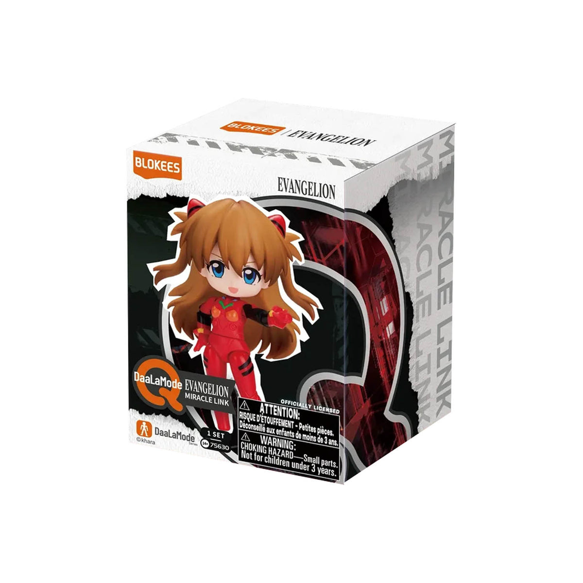 Blokees Evangelion figure box featuring a chibi-style anime character in a red outfit on a mostly white and black retail package.