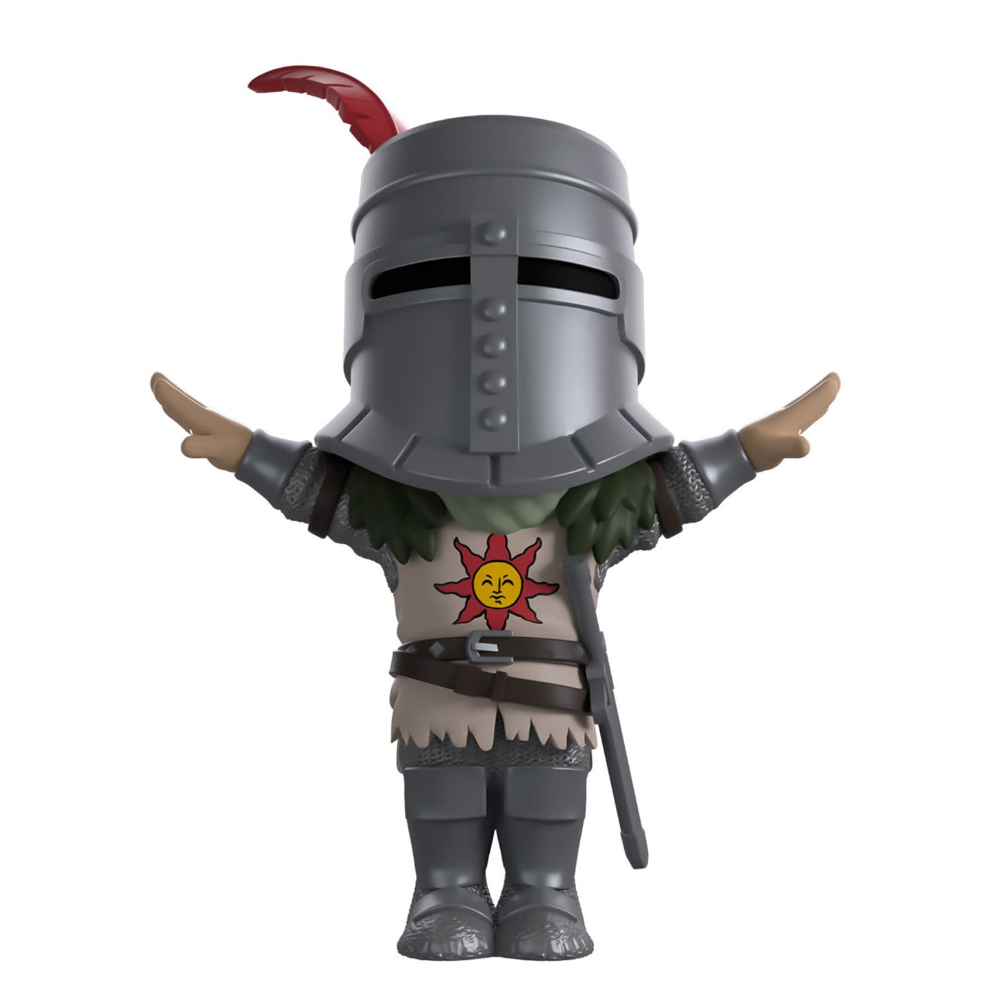 Toy figure of Solaire from Dark Souls wearing a helmet and sun tabard on a white background.