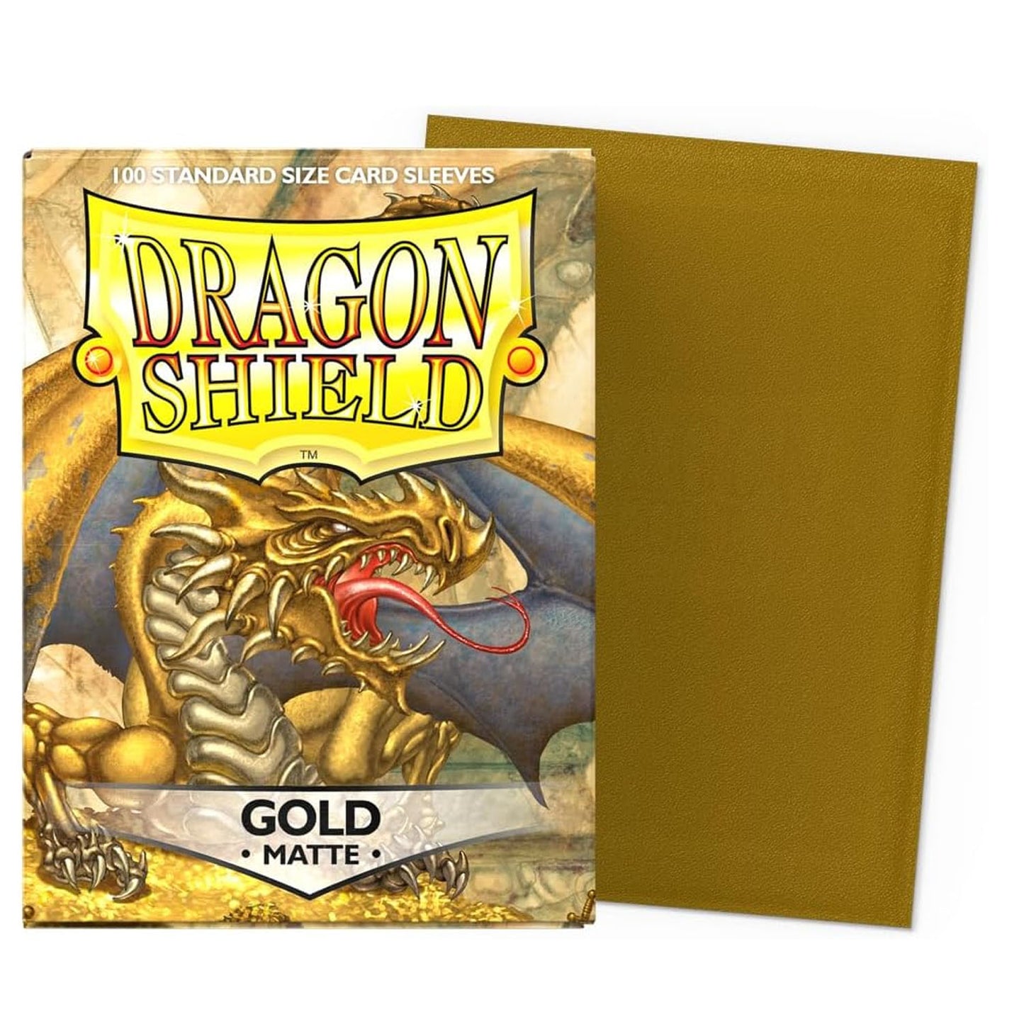 Dragon Shield Gold Matte card sleeves packaging with a gold sleeve on a white background