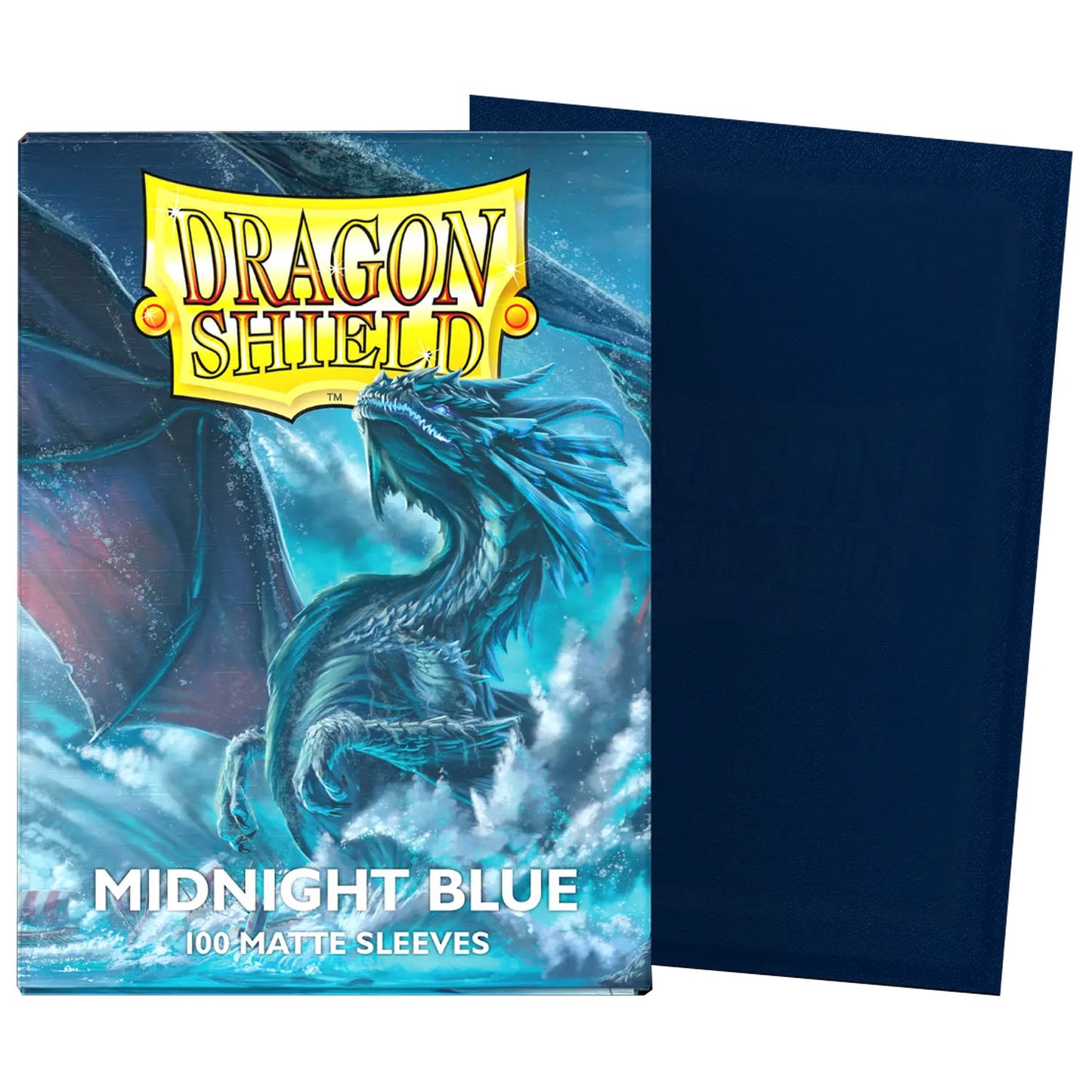 Dragon Shield midnight blue card sleeves with a dragon illustration on the packaging.