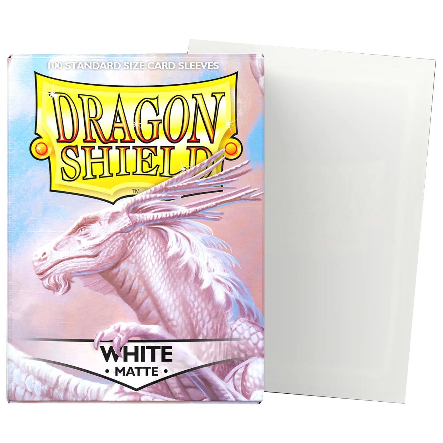 Dragon Shield card sleeve packaging showing matte white sleeves and dragon artwork on packaging