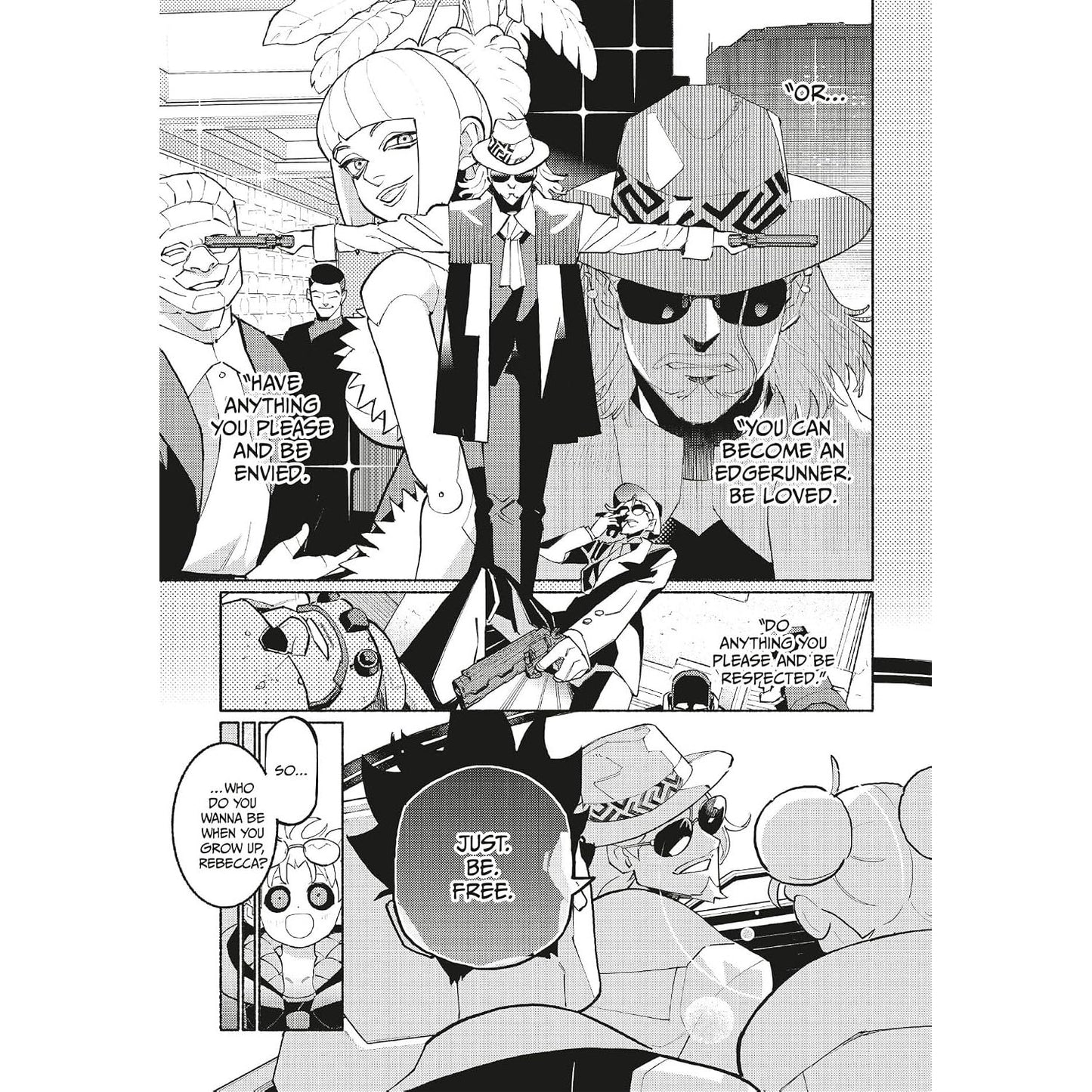 A black and white manga comic book page featuring multiple panels of stylized characters, hats, sunglasses, and speech bubbles with text.