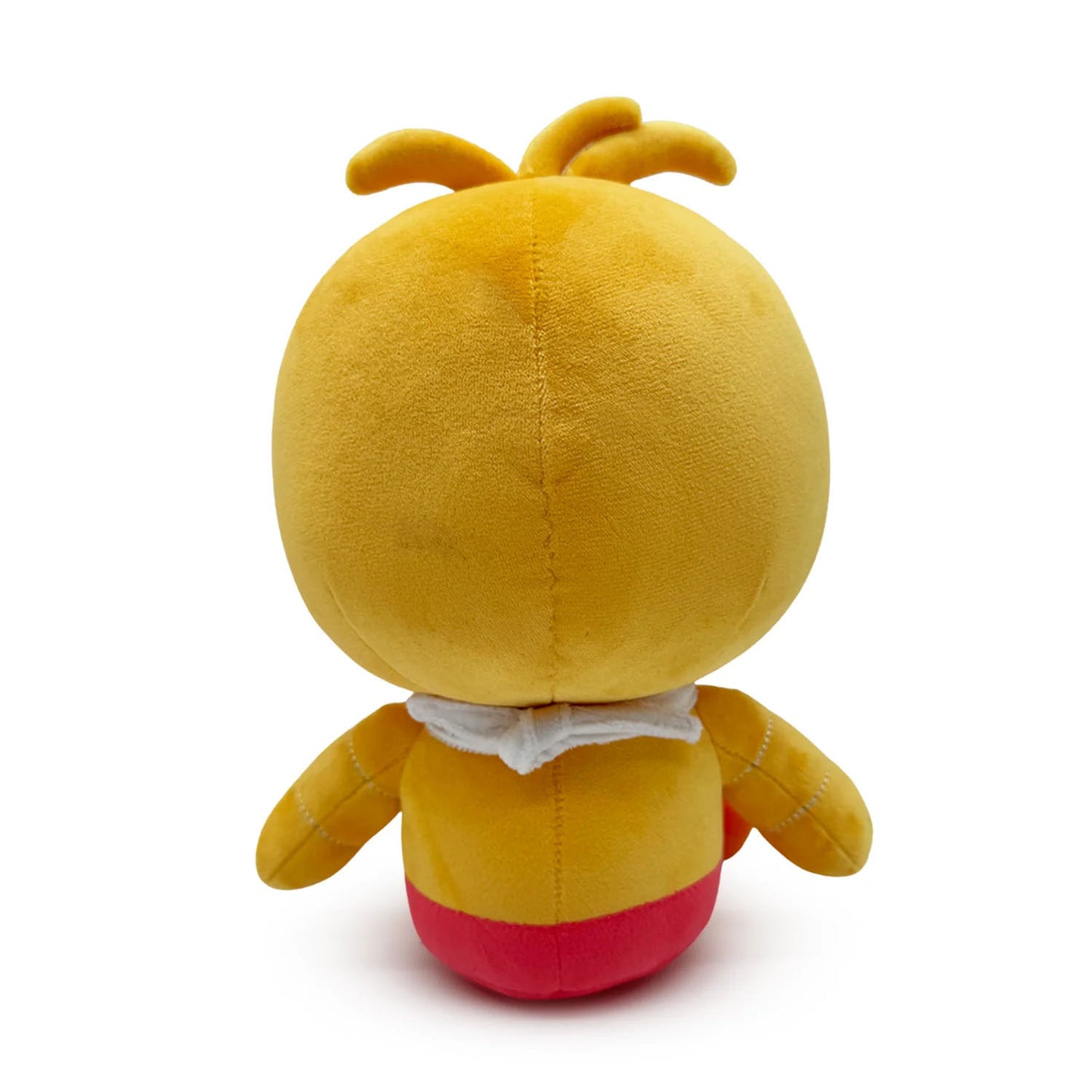 Toy Chica plush from Five Nights at Freddy's. Yellow bird with bright blue eyes and white bib that says "Let's Party!"