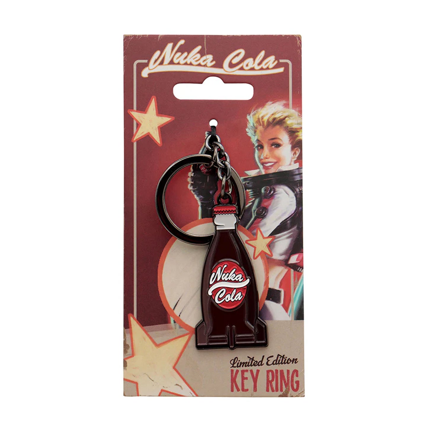 Nuka Cola bottle keychain on retro style packaging