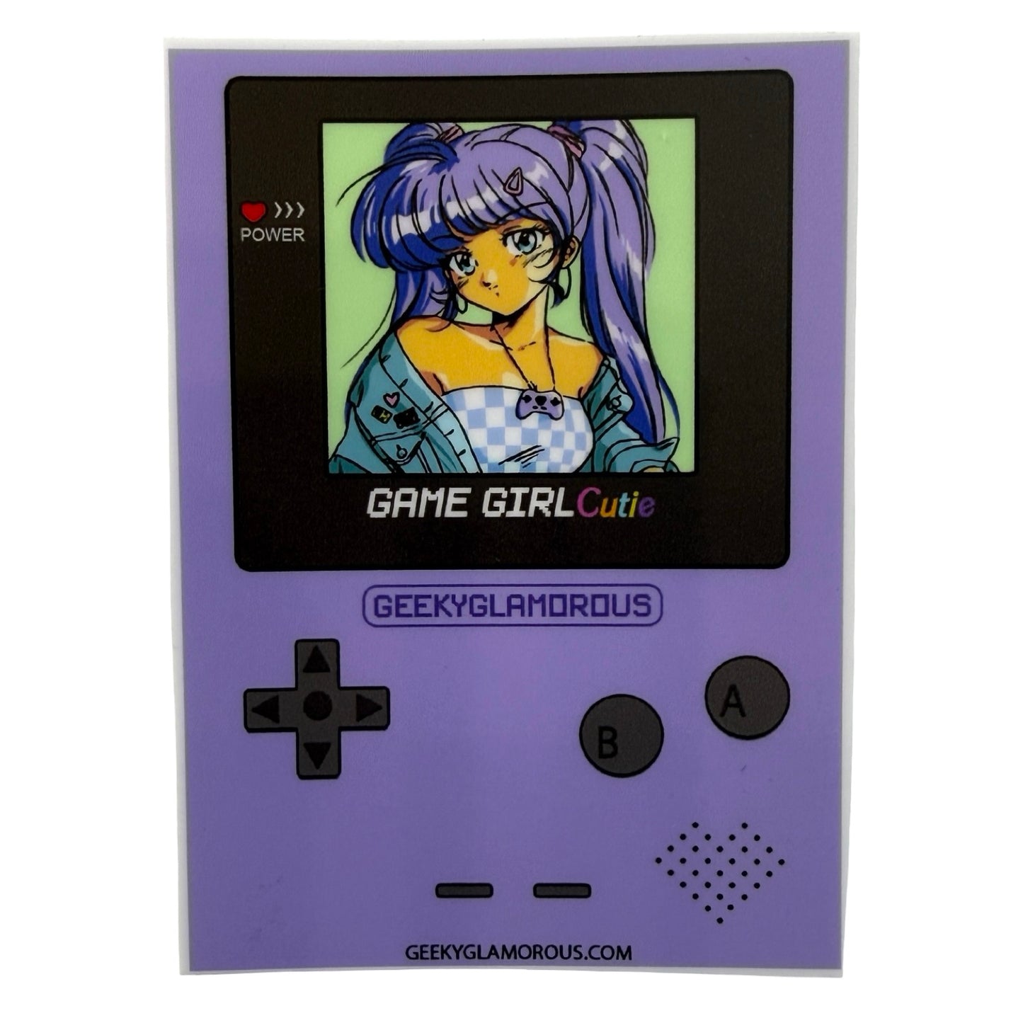Sticker of a retro handheld gaming console with pigtailed anime girl artwork