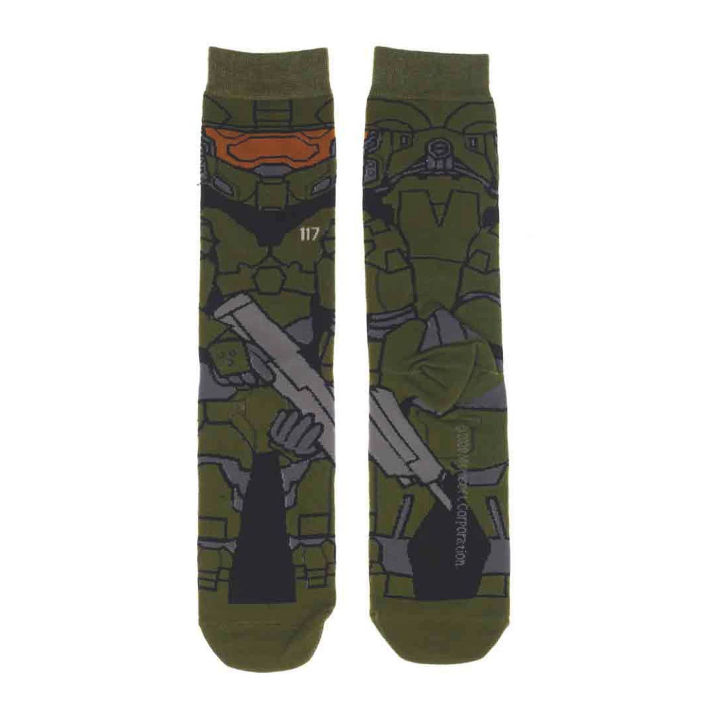 Green and black socks with design of Master Chief from the video game Halo