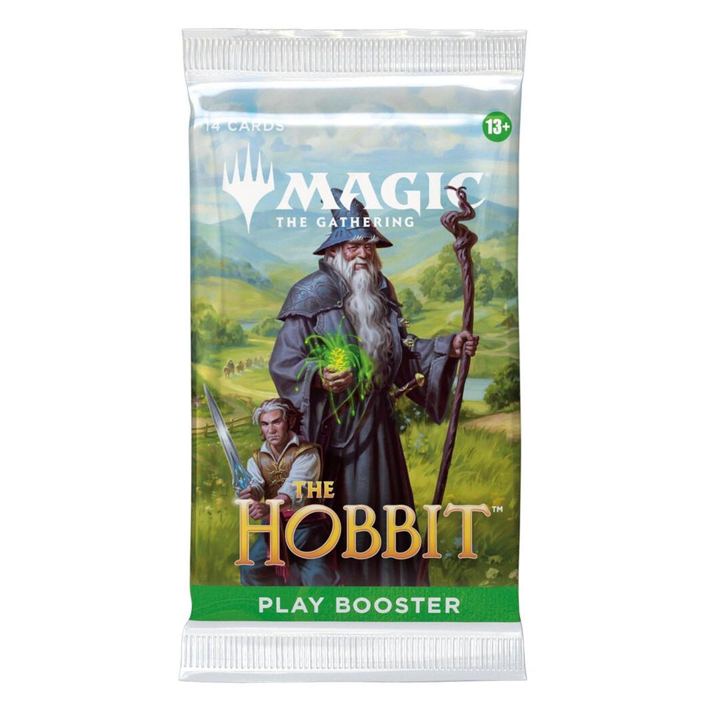 A Magic: The Gathering booster pack for The Hobbit, featuring artwork of a wizard and a child in a green landscape. The packaging includes the Magic logo and a green '13+' age rating badge.