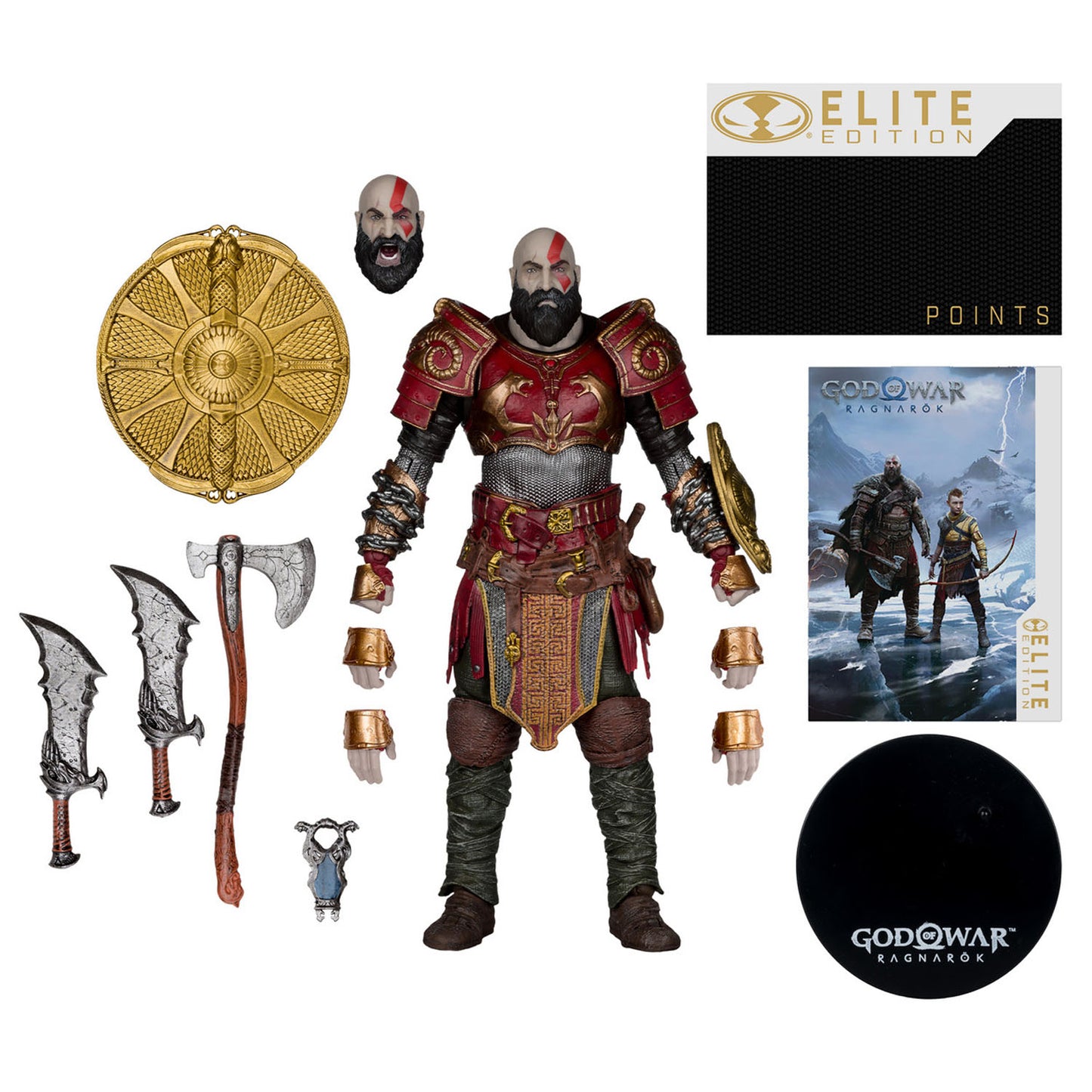 God of War Ragnarök Kratos Elite Edition action figure set with multiple accessories, including a golden shield, two axes, a sword, extra hands, alternate heads, and a black round badge, shown on a white background with packaging and a points graphic.