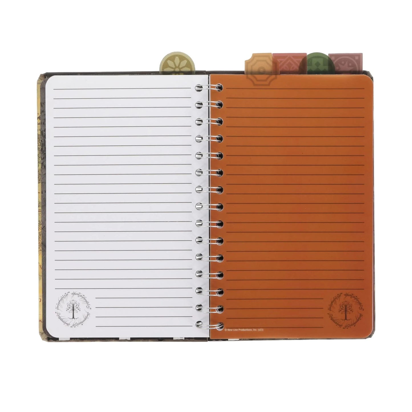 Tabbed notebook with lined pages with graphics from Lord of the Rings.