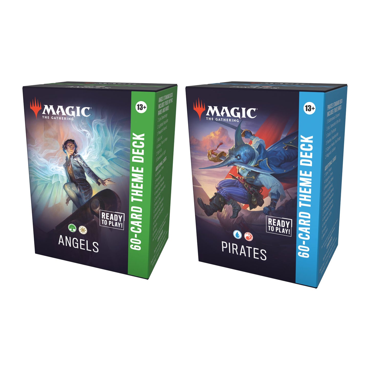 Two 'Magic: The Gathering' theme decks packaging, one for 'Angels' and the other for 'Pirates', on a white background.