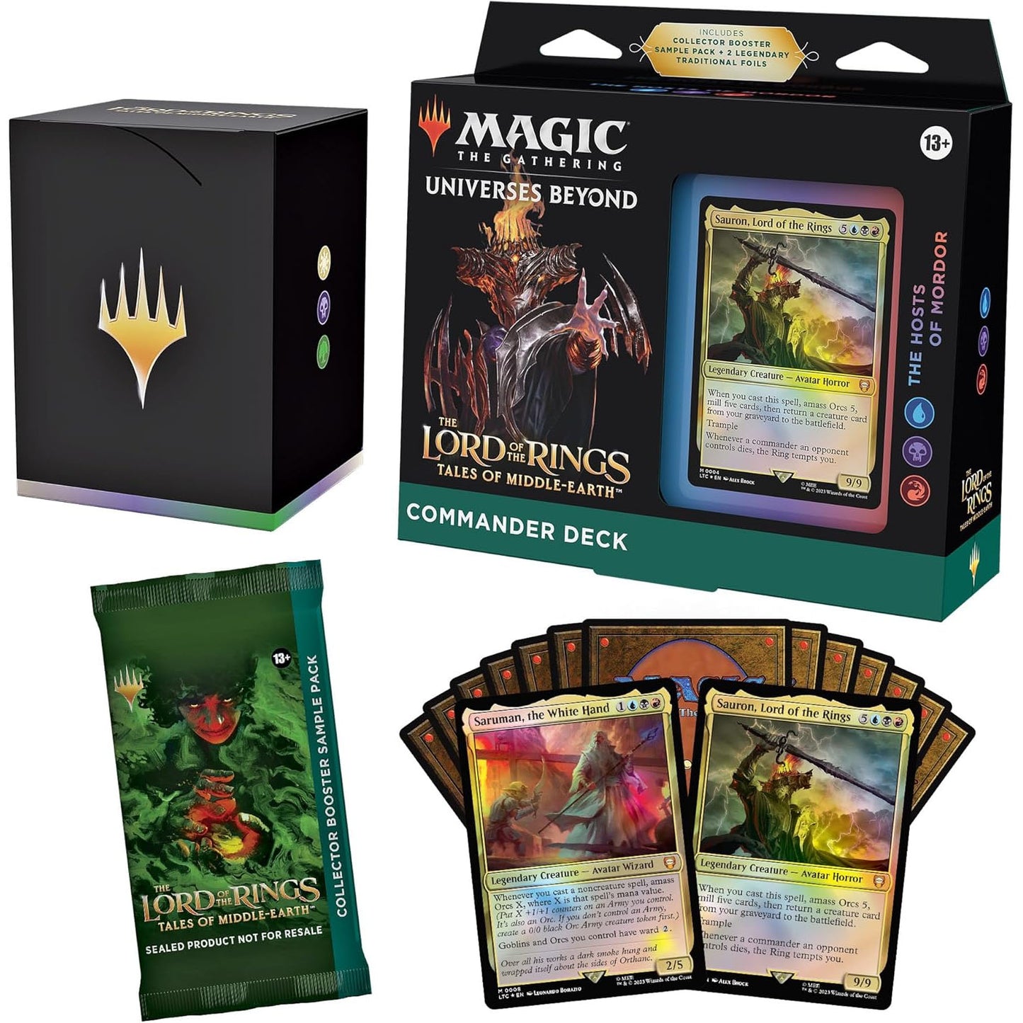 Collection of 'Magic: The Gathering' and x 'The Lord of the Rings' The Hosts of Mordor themed commander deck packaging and contents.