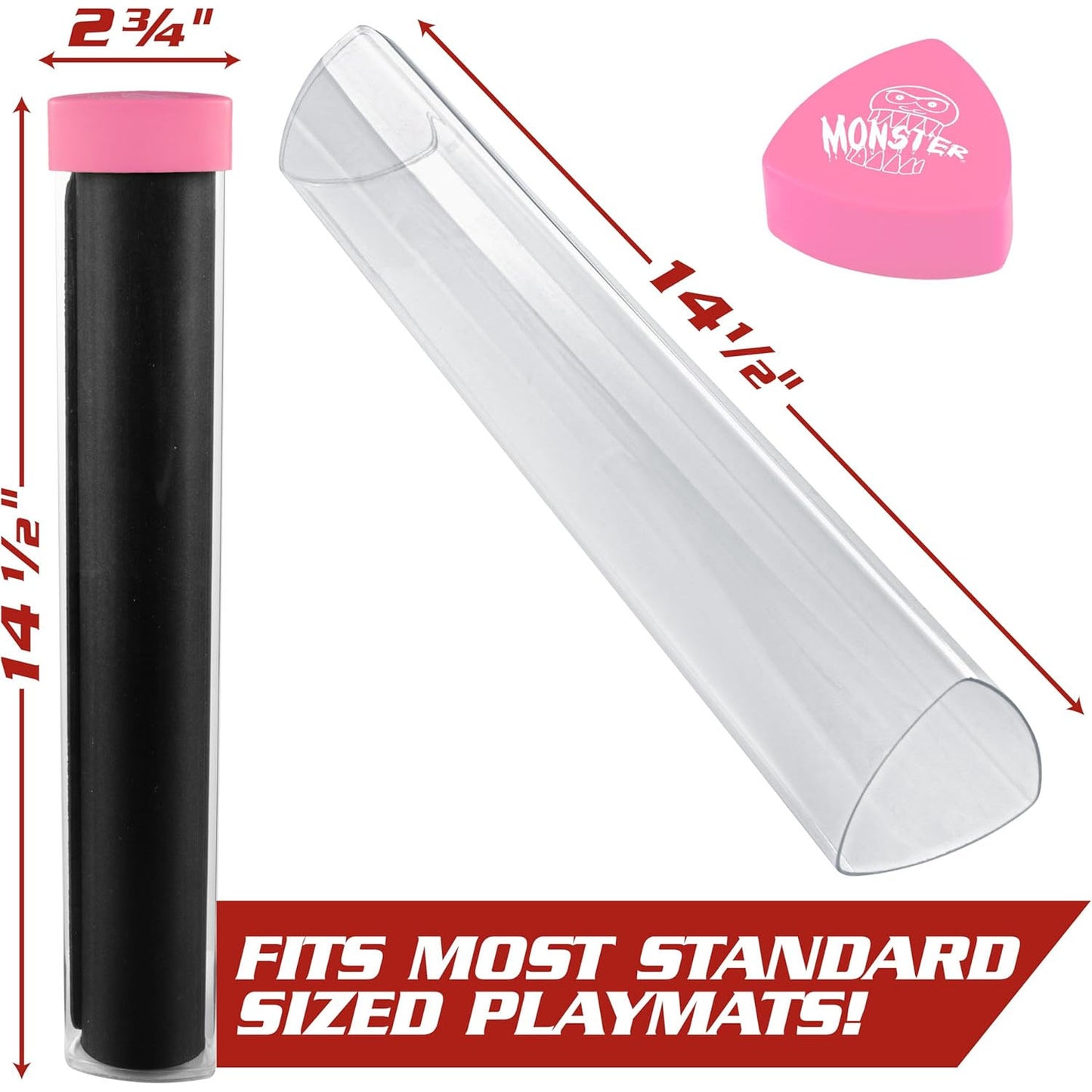 Clear playmat storage tube with pink cap shown with a black playmat inside and measurements for the item.