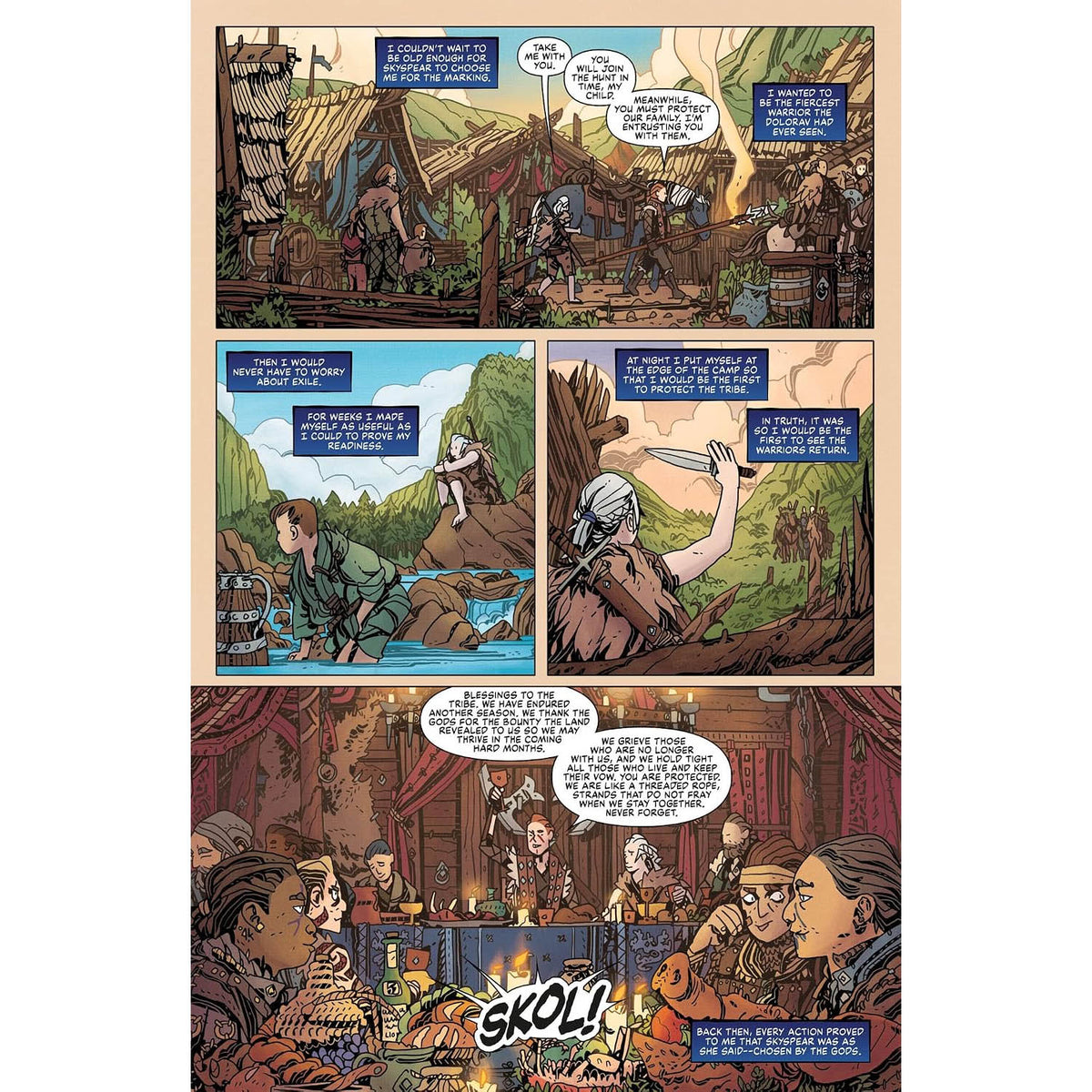 A comic book page featuring multiple illustrated panels with characters in a village and indoor gathering scene, complete with speech bubbles and onomatopoeia.