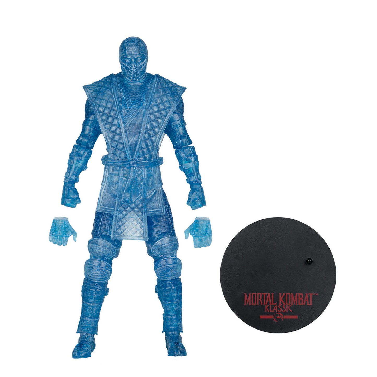 A translucent blue Mortal Kombat action figure shown standing on a black round display base against a plain white background.