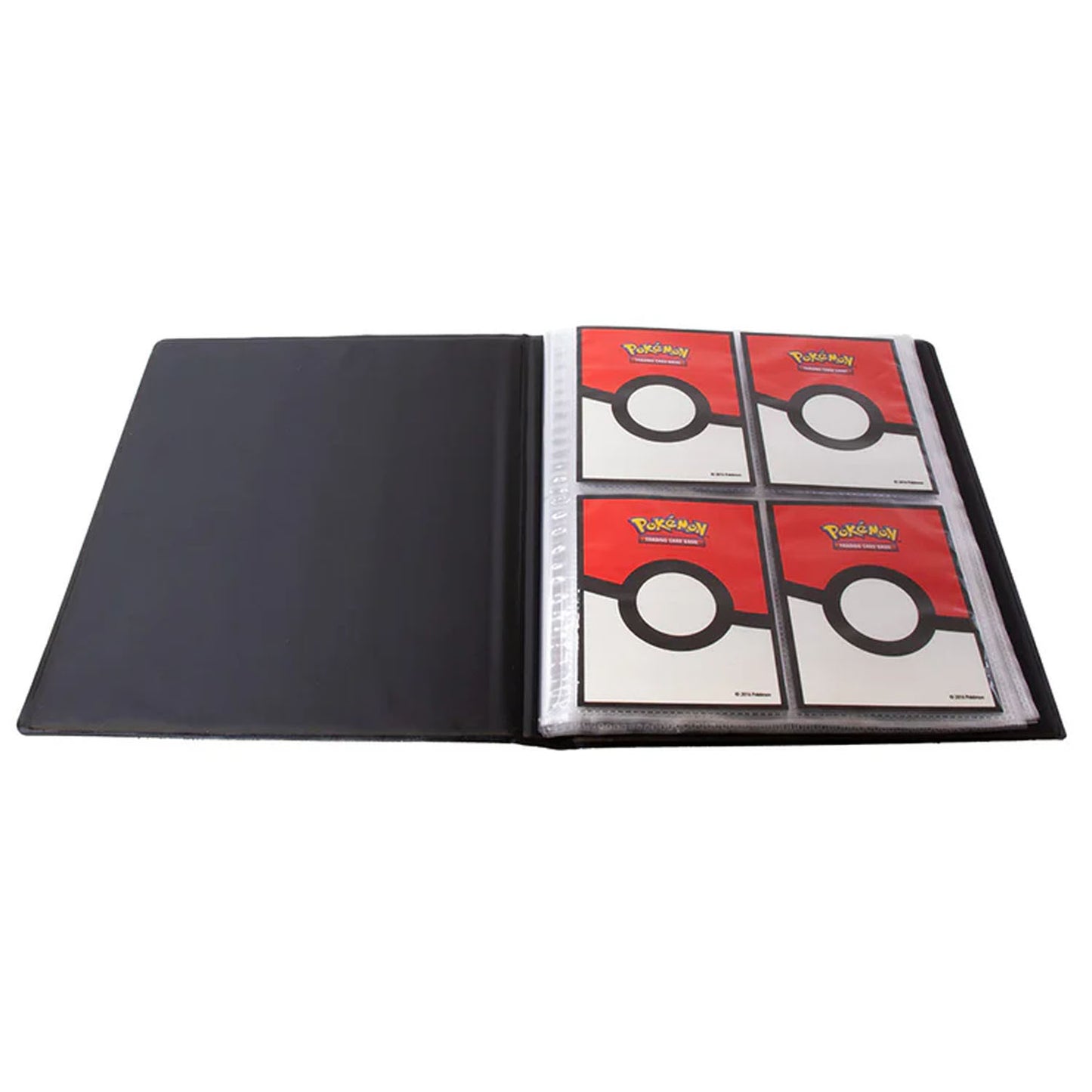 Black trading card album with a clear page featuring red and white 'Pokémon' logo designs on a white background.