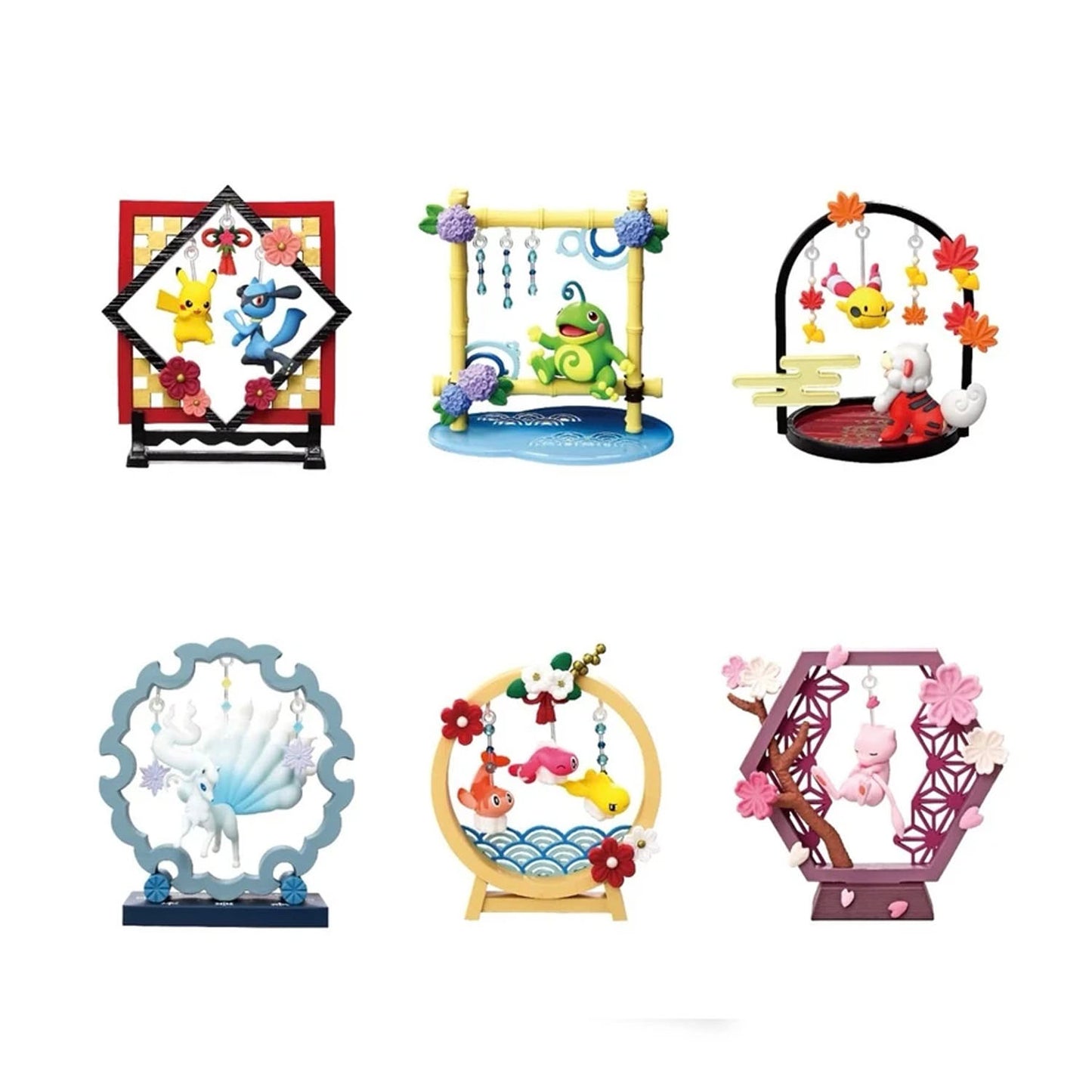 Six colorful decorative hanging ornaments displays arranged in a 2x3 grid on a plain white background. Each piece has a different Pokemon and motif, including red, blue, green, yellow, pink, and purple details.