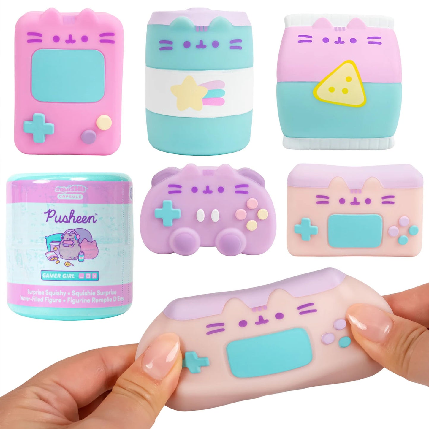 Set of colorful Pusheen-themed gaming squishy toys with a hand holding one toy.