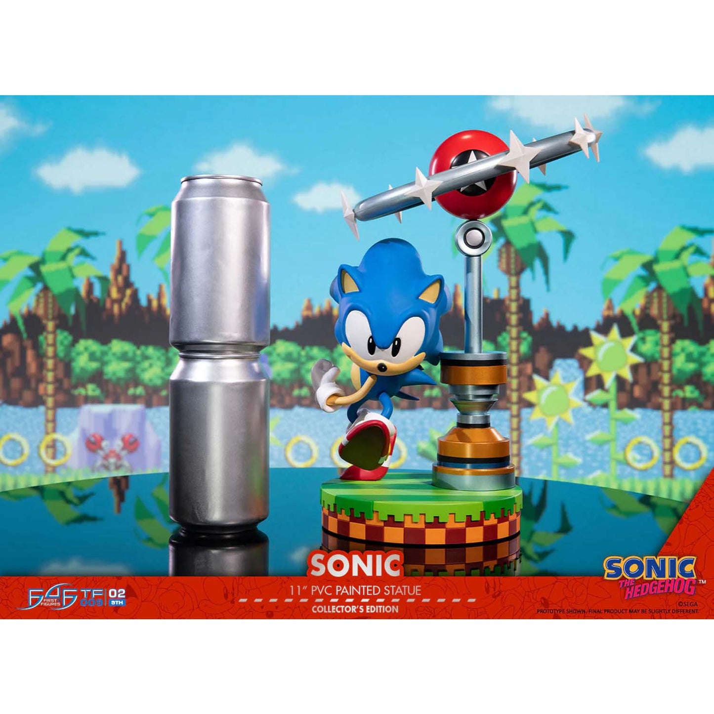 Sonic the Hedgehog figurine with a retro-style background