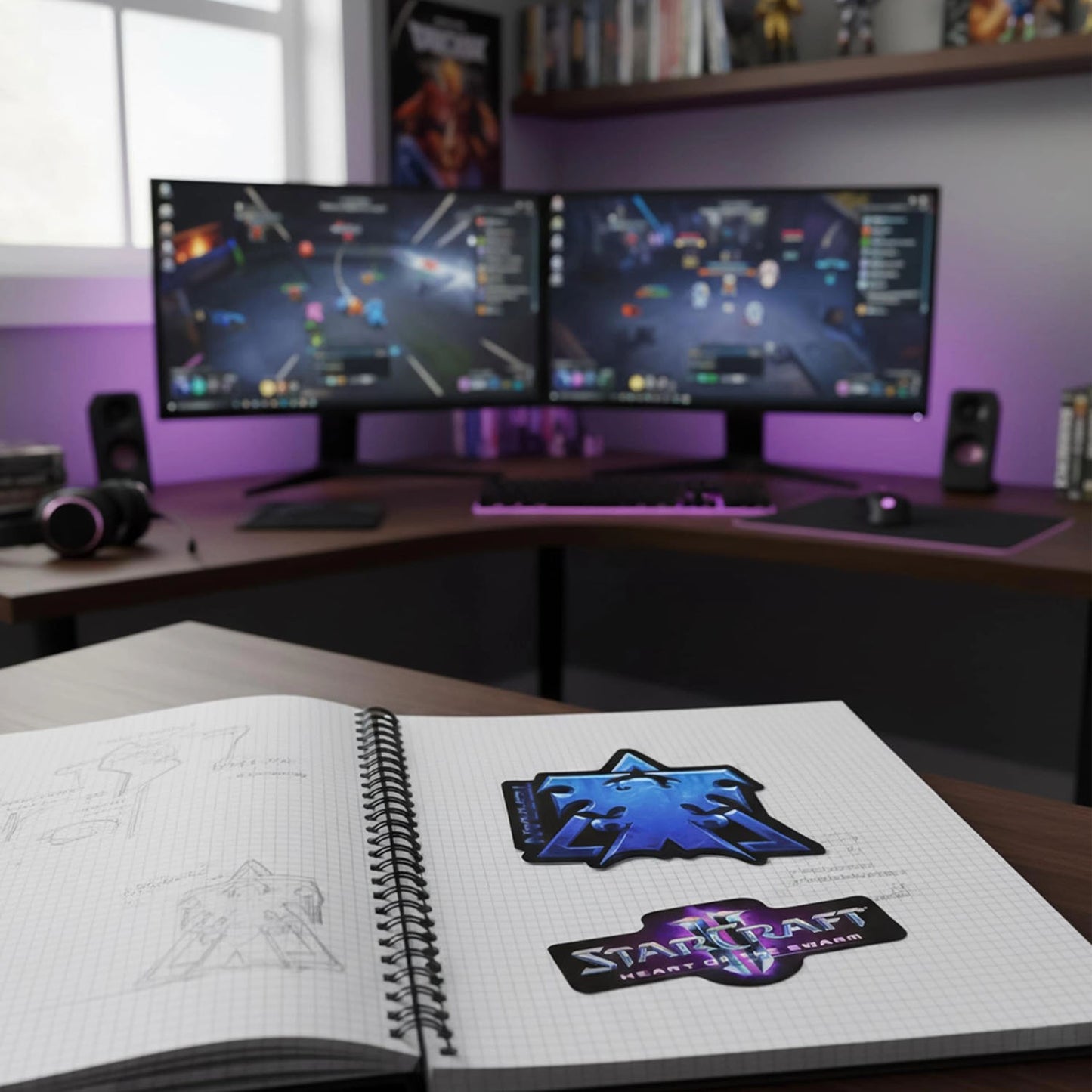 StarCraft II stickers on a graph paper notebook with desk in the back
