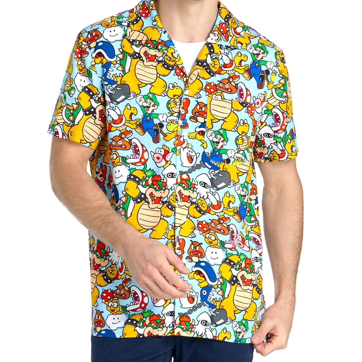 mario dress shirt Amazon.com: Super Mario Bros. Icons Navy Button-Up Short Sleeve Adult Shirt