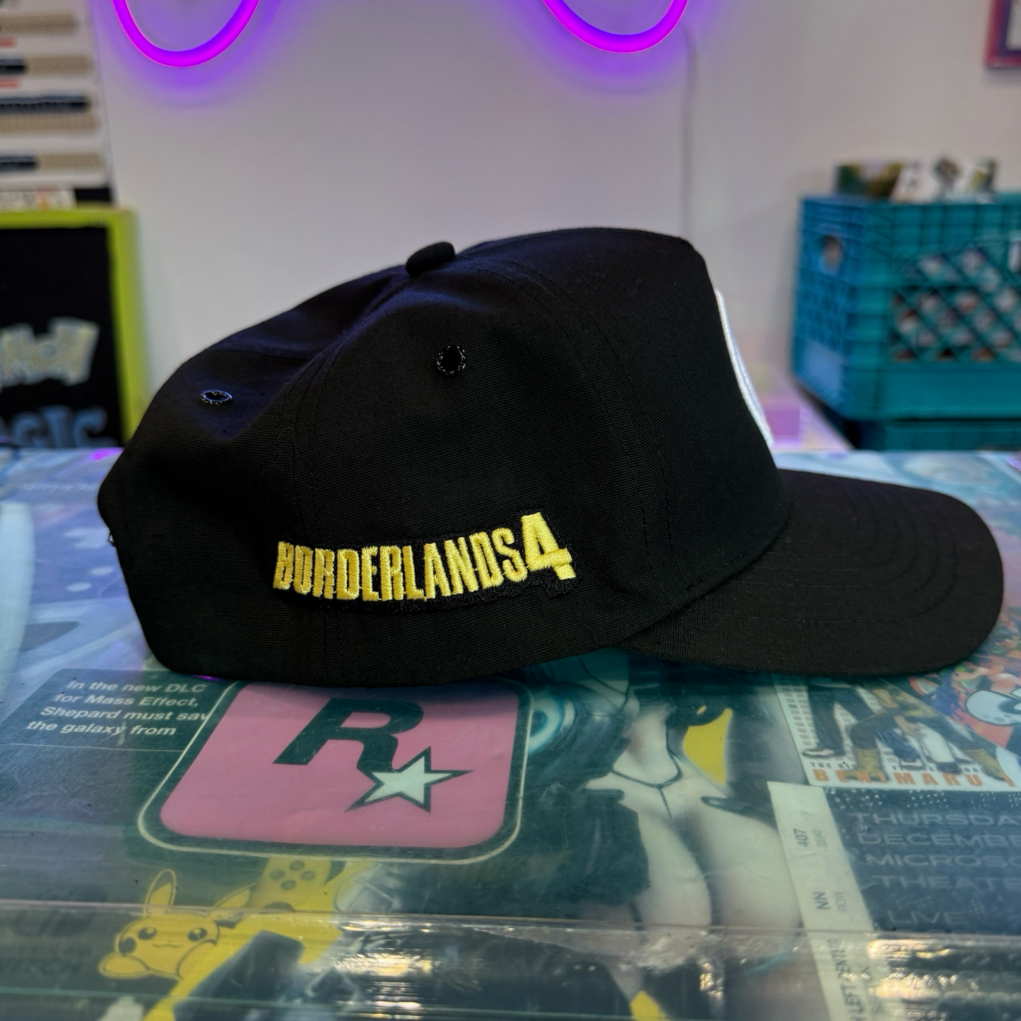 Side view of Borderlands 4 hat showing yellow Borderlands 4 logo 