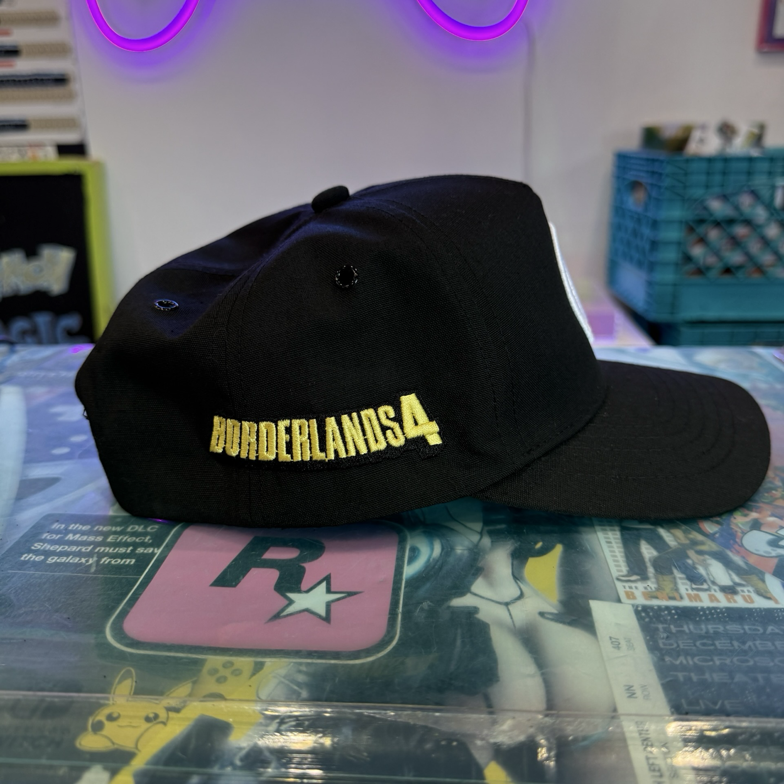 Side view of Borderlands 4 hat showing yellow Borderlands 4 logo 