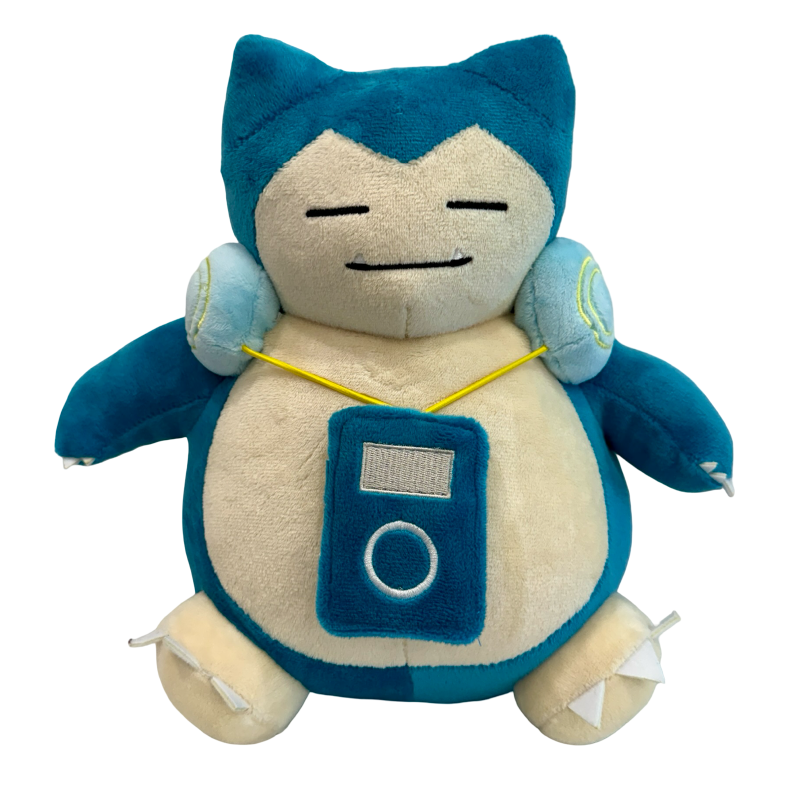 Plush Snorlax with headphones around his neck and music player hanging down. 