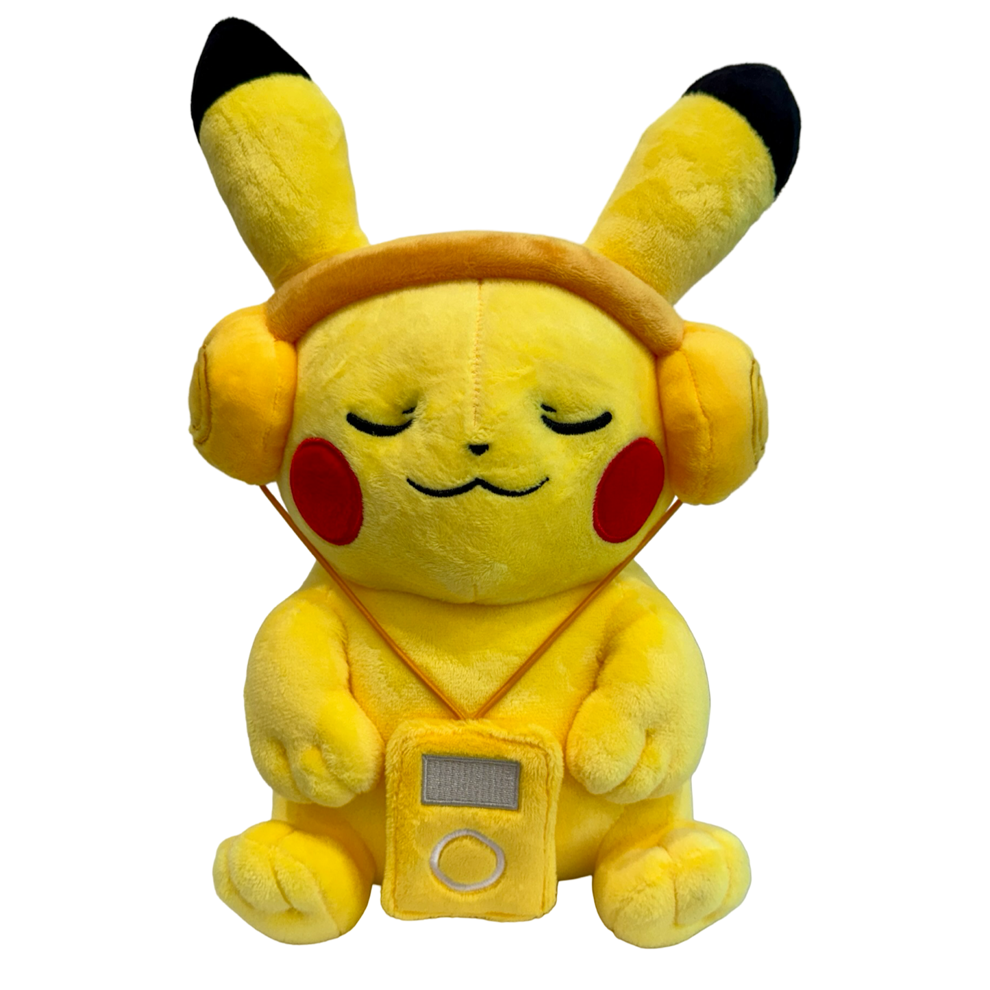 Plush Pikachu wearing headphones and holding a music player on a white background.