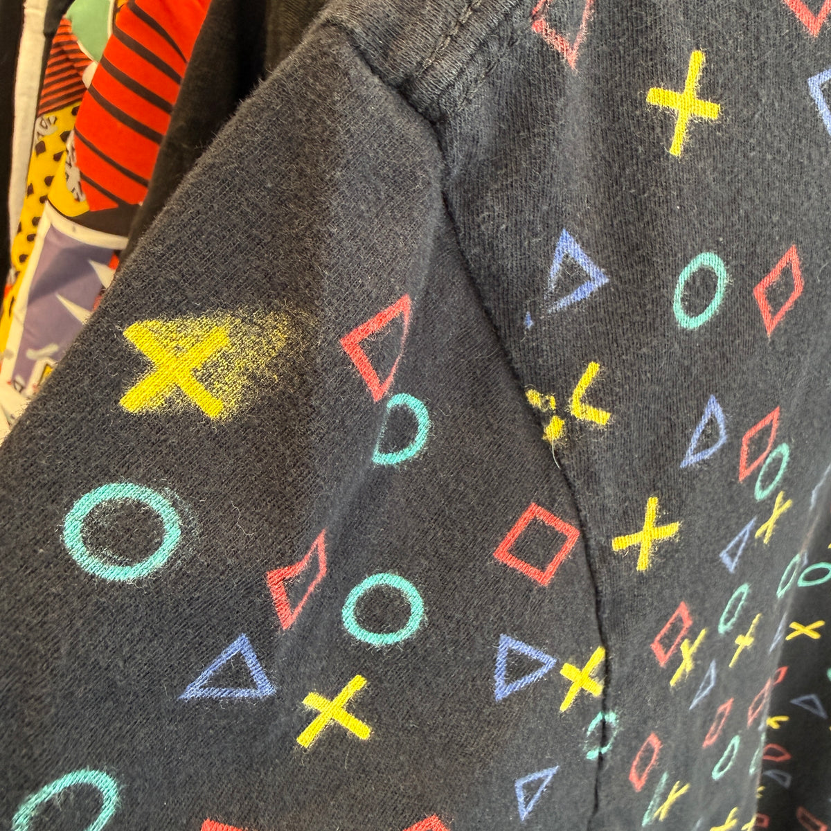 Close-up of a some smudged screen print elements of the playstation button logos. 