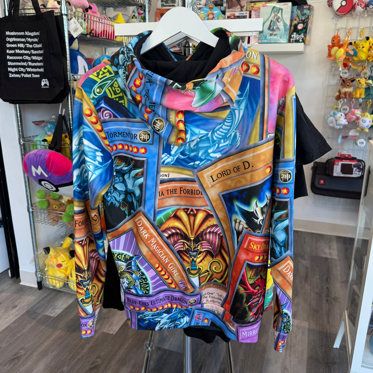 A colorful graphic hoodie with a highly detailed of Yu-Gi-Oh! cards. 