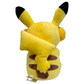 Plush Pikachu wearing headphones and holding a music player on a white background.