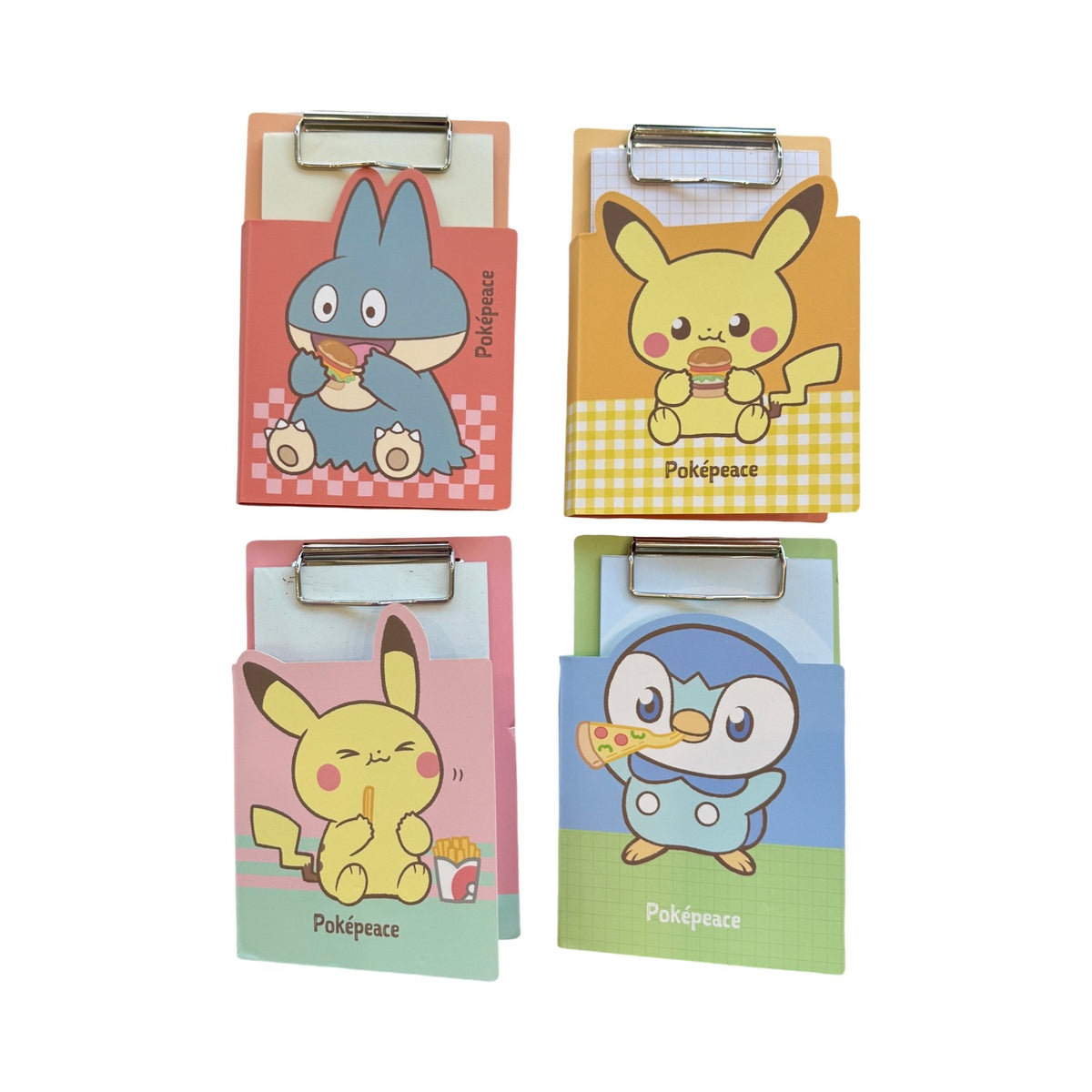 Four Pokémon themed notebooks featuring Snorlax, Pikachu, and Piplup enjoying diner food. 