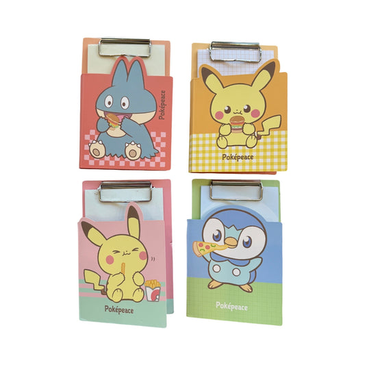 Four Pokémon themed notebooks featuring Snorlax, Pikachu, and Piplup enjoying diner food. 