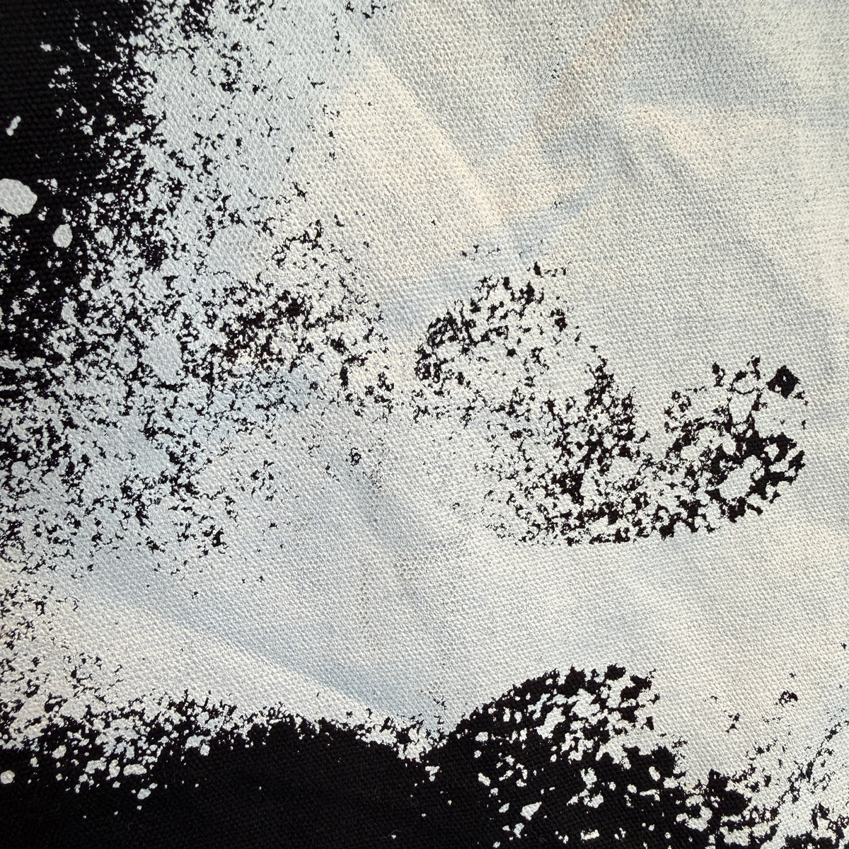 Close up of a white screenprint showing some missing paint/damage. 