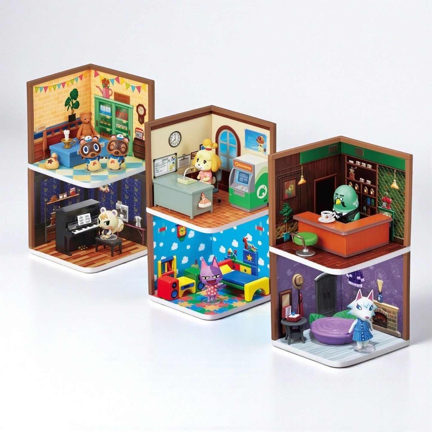 Animal Crossing miniature playsets showing different scenes with various Animal Crossing villagers.
