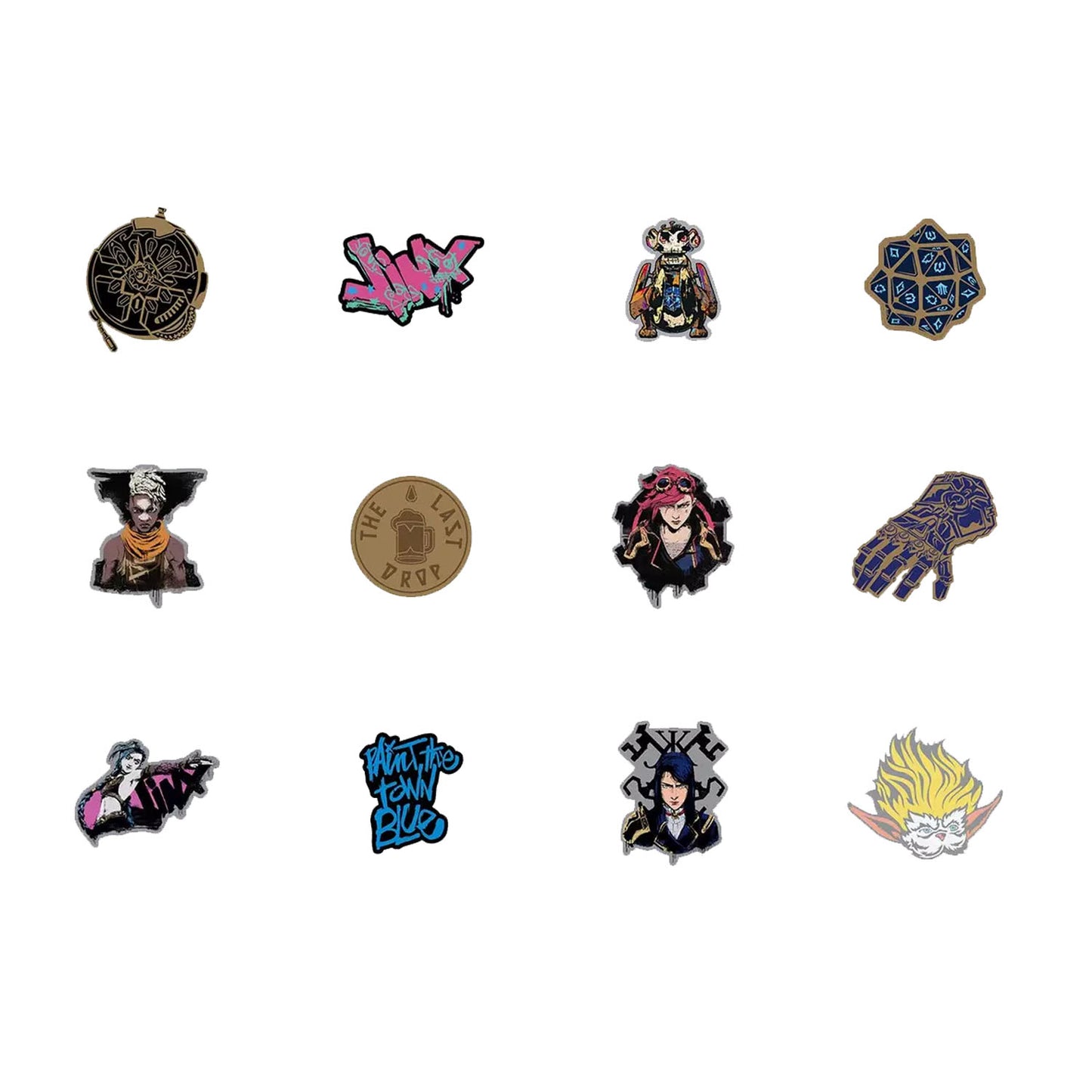 collection of Arcane themed pins on a white background