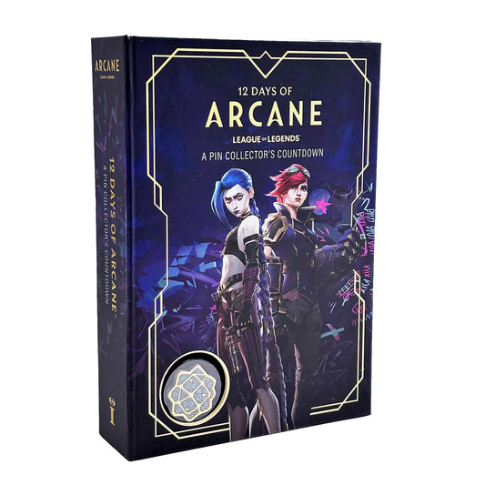 Box packaging for 12 Days of Arcane pin collector countdown gift set ft. characters Jinx and Vi on the front. 