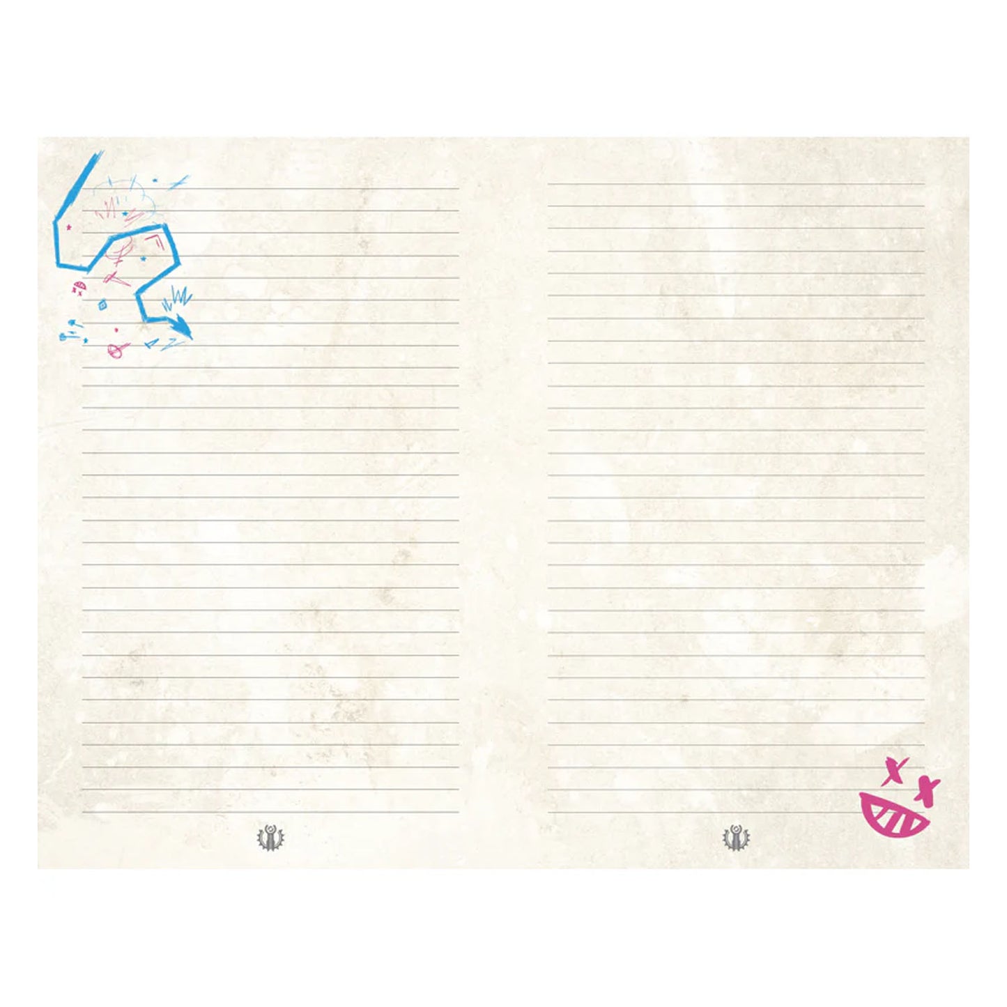 Interior journal pages in off white color with lines and Jinx designs from the series, Arcane. 