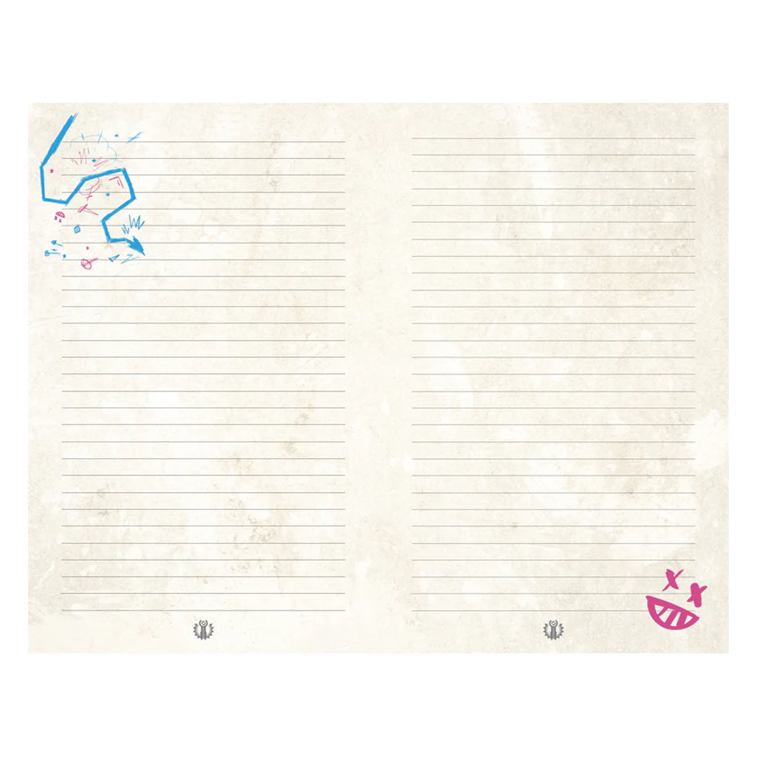 Interior journal pages in off white color with lines and Jinx designs from the series, Arcane. 