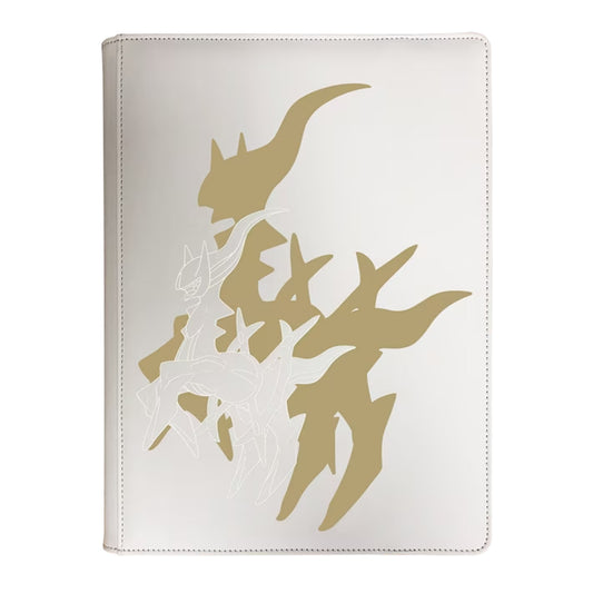 White Pokemon card folio featuring Arceus with metallic gold foil detailing