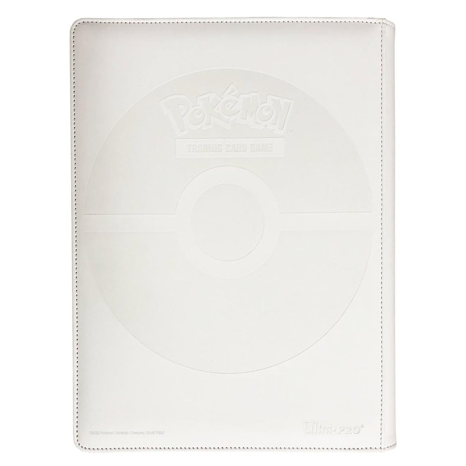 Back of white card folio with Pokemon logo and Poke Ball design 