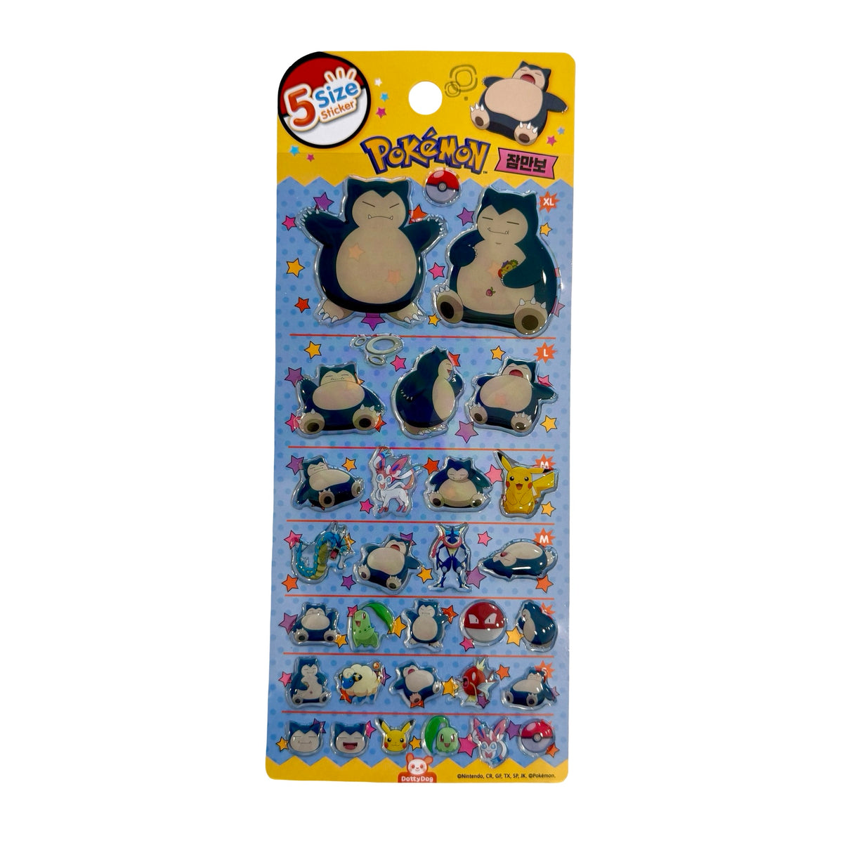 A packaged set of Pokémon Snorlax stickers on a blue backing card with a yellow header. The package contains multiple stickers in different poses, with a red circular badge at the top left reading '5 size stickers'. 