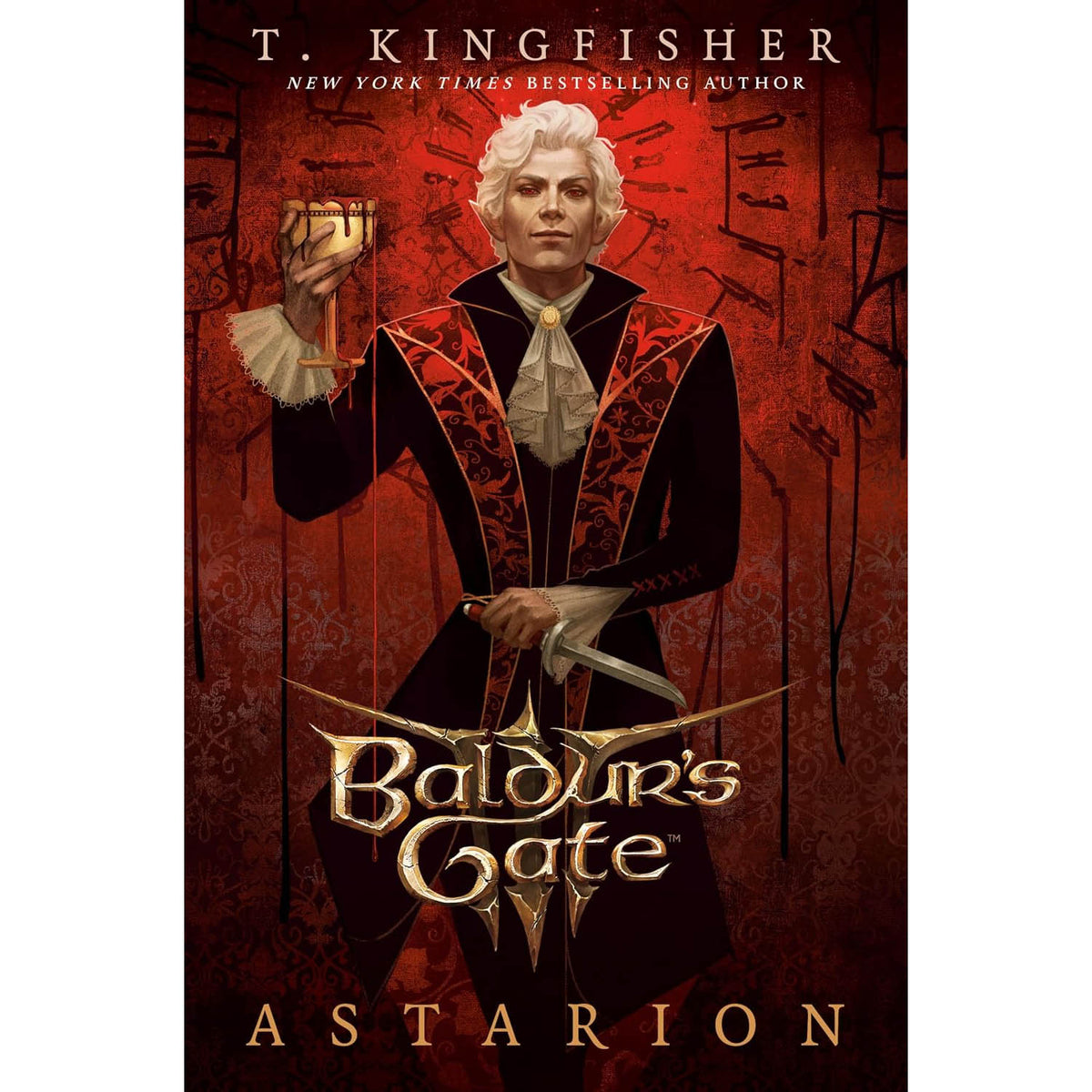Book cover for 'Baldur's Gate: Astarion' by T. Kingisher, featuring a central figure in ornate black and red clothing holding a goblet and dagger against a dark red patterned background.