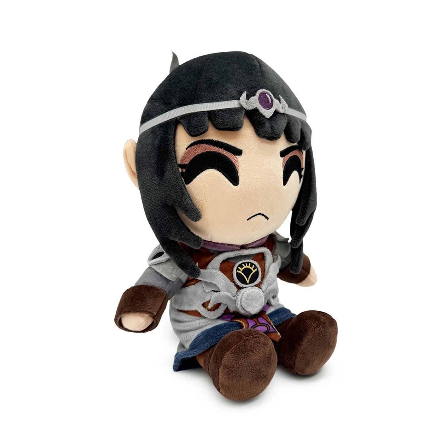 Side view of plush toy of Shadowheart from Baldur's Gate 3 on a white background. 