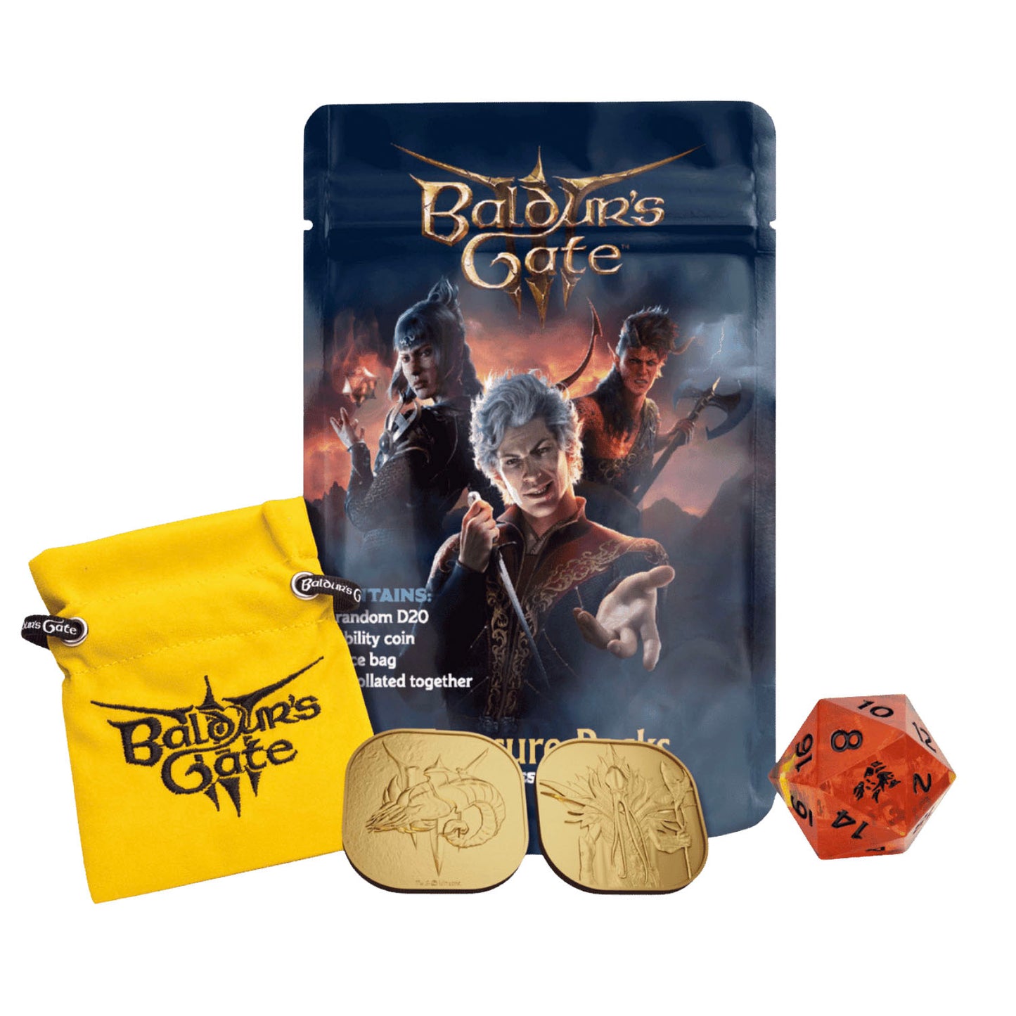 Baldur's Gate 3 blind bag packaging with yellow dice bag, d20, and metal gold coins on a white background. 
