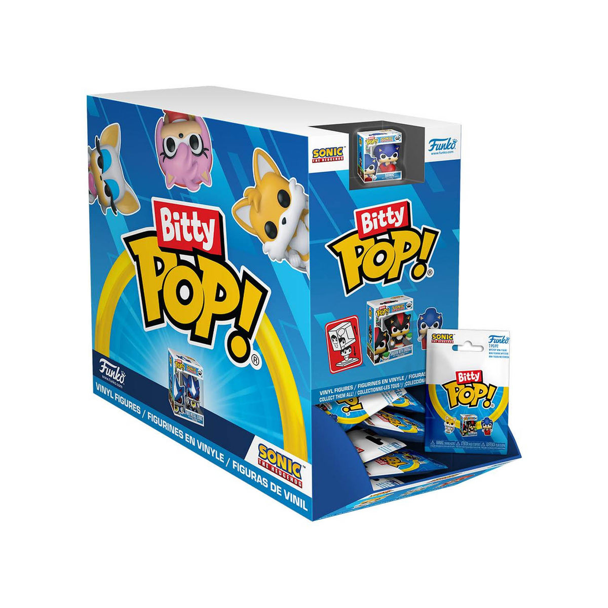 Funko Bitty Pop! Sonic the Hedgehog toy packaging display box with individual blind pack inserts shown in front on a white background.