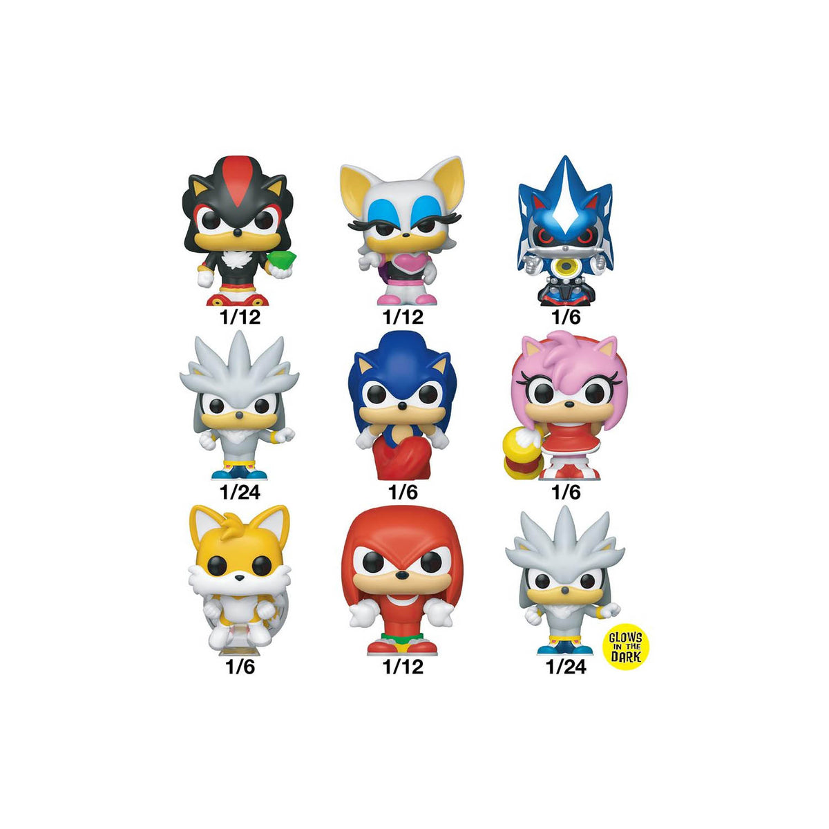 Sonic the Hedgehog Bitty POP! figurines showing chance of pulling each style below. 