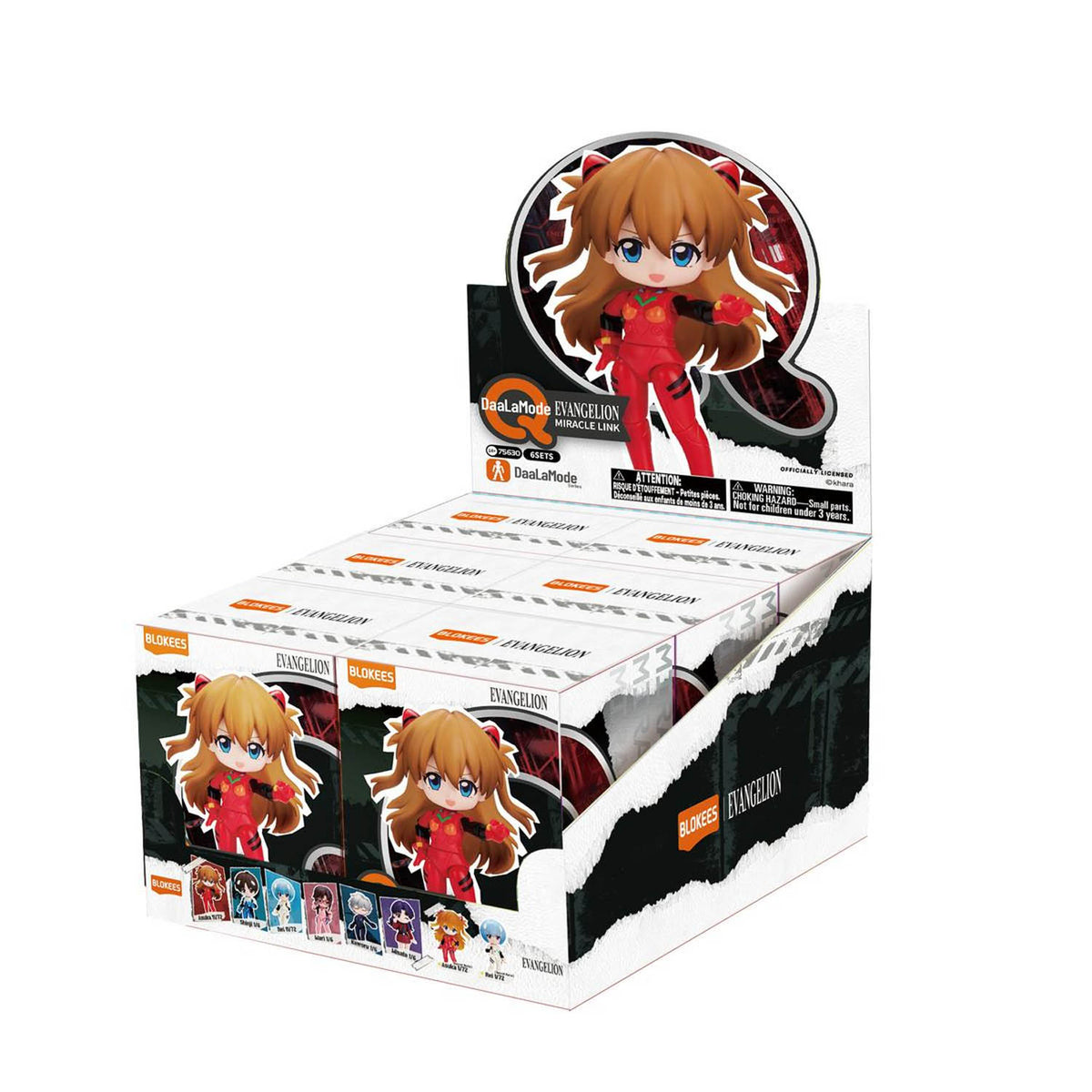A retail display box filled with small Evangelion anime blind boxes. The display features character artwork of a chibi-style girl with orange hair and a red outfit, with the brand name 'Blokees'. 